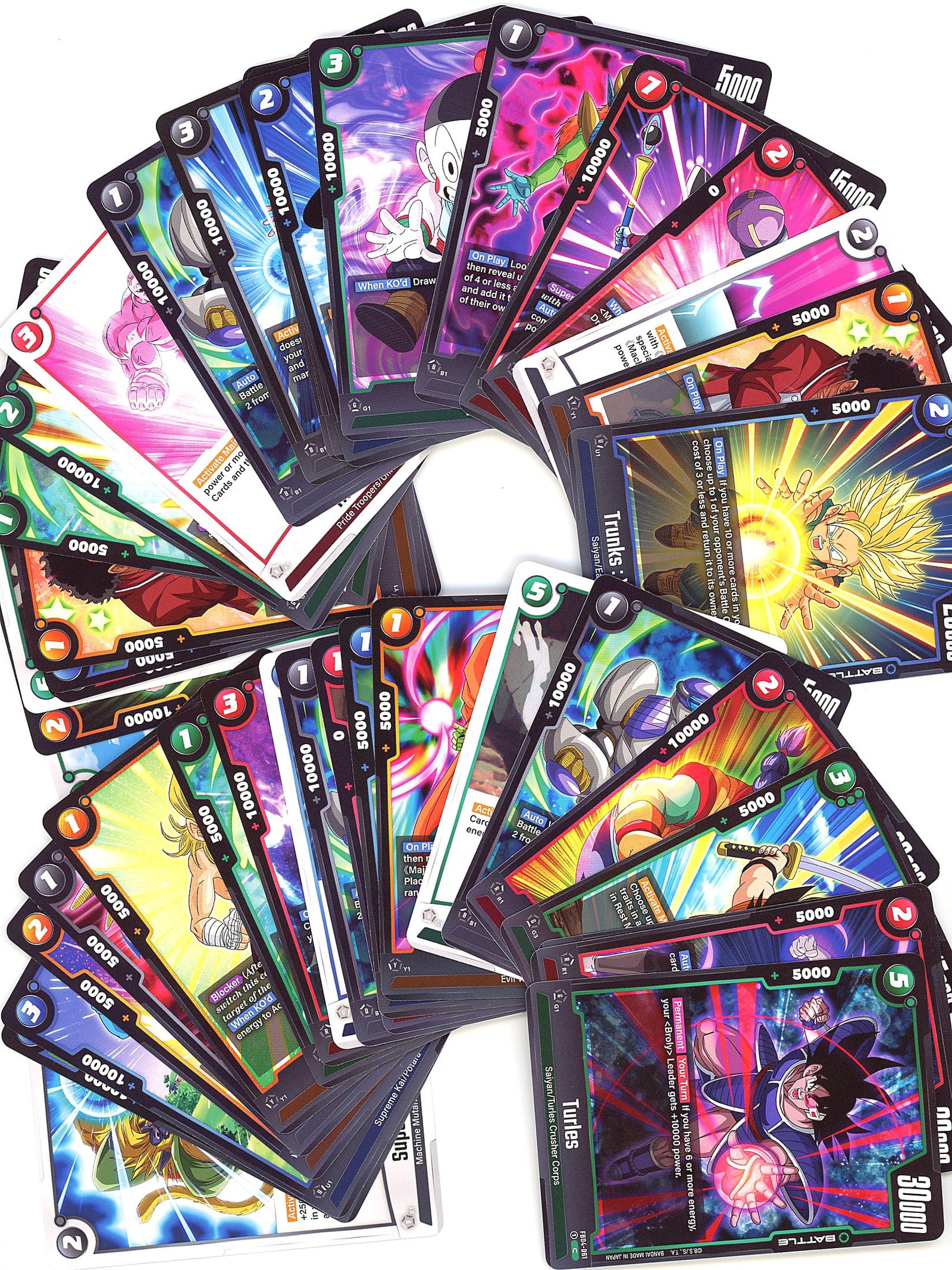 Large Lot Modern Dragon Ball Z Trading Cards TCG: This is a substantial bulk lot of modern Dragon Ball Z trading cards featuring vibrant finishes throughout. The lot includes dozens of cards with colorful character artwork, numbered power levels
