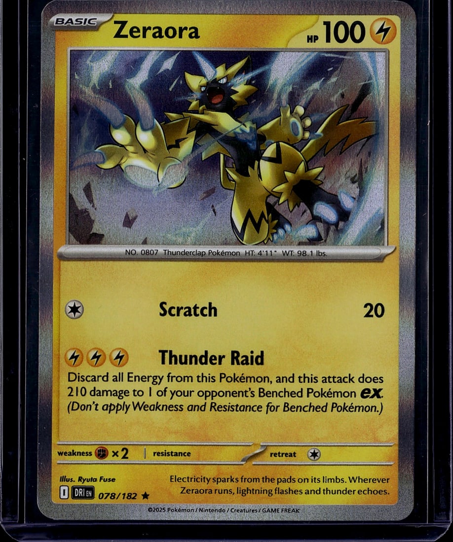 2025 Pokemon Scarlet Violet Destined Rivals: Zeraora is a Basic Lightning-type Pokemon card (Rare) from the Scarlet & Violet: Destined Rivals expansion (SV10), released in 2025. It has 100 HP and features the attacks Scratch (20 damage) and