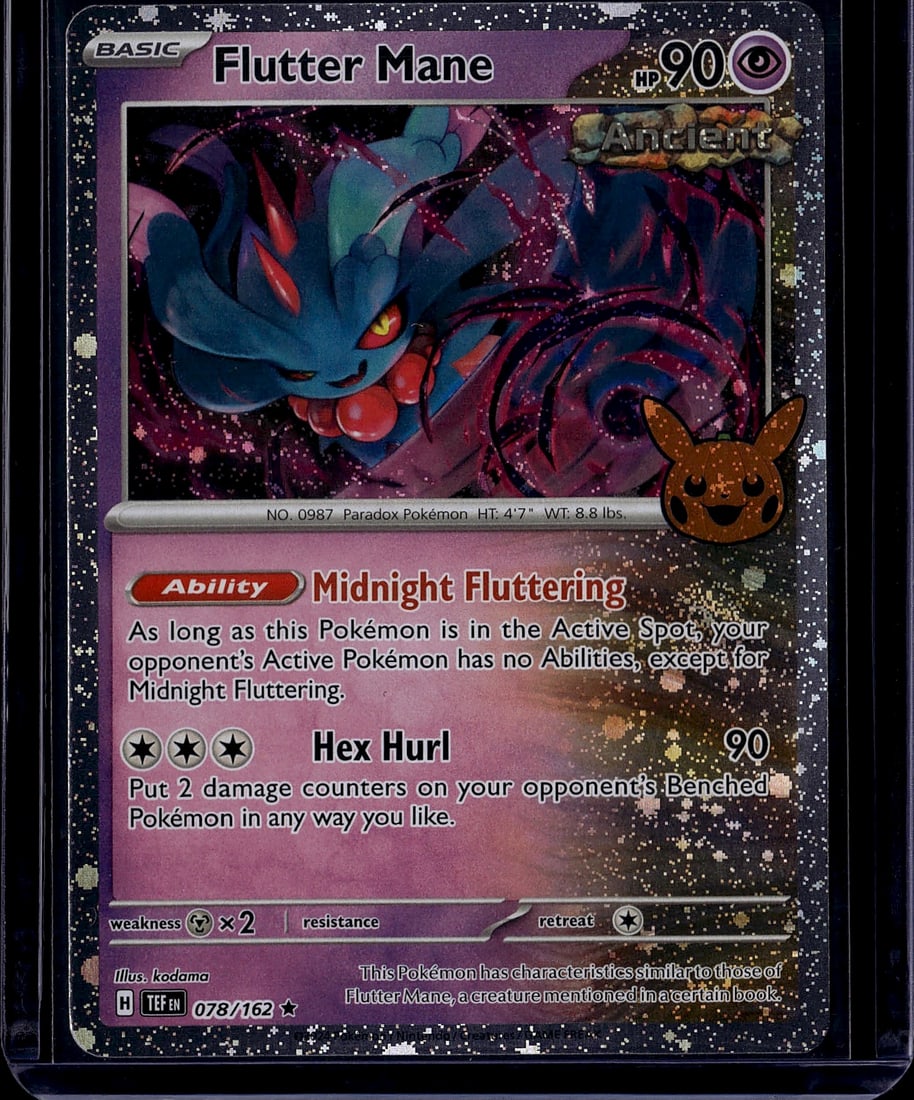 Flutter Mane Pokemon Card #078/162 Scarlet: This is an Ancient Paradox Pokemon card featuring Flutter Mane from the Scarlet & Violet TCG set. Card number 078/162, this Basic Psychic-type Pokemon has 90 HP and showcases beautiful alternate