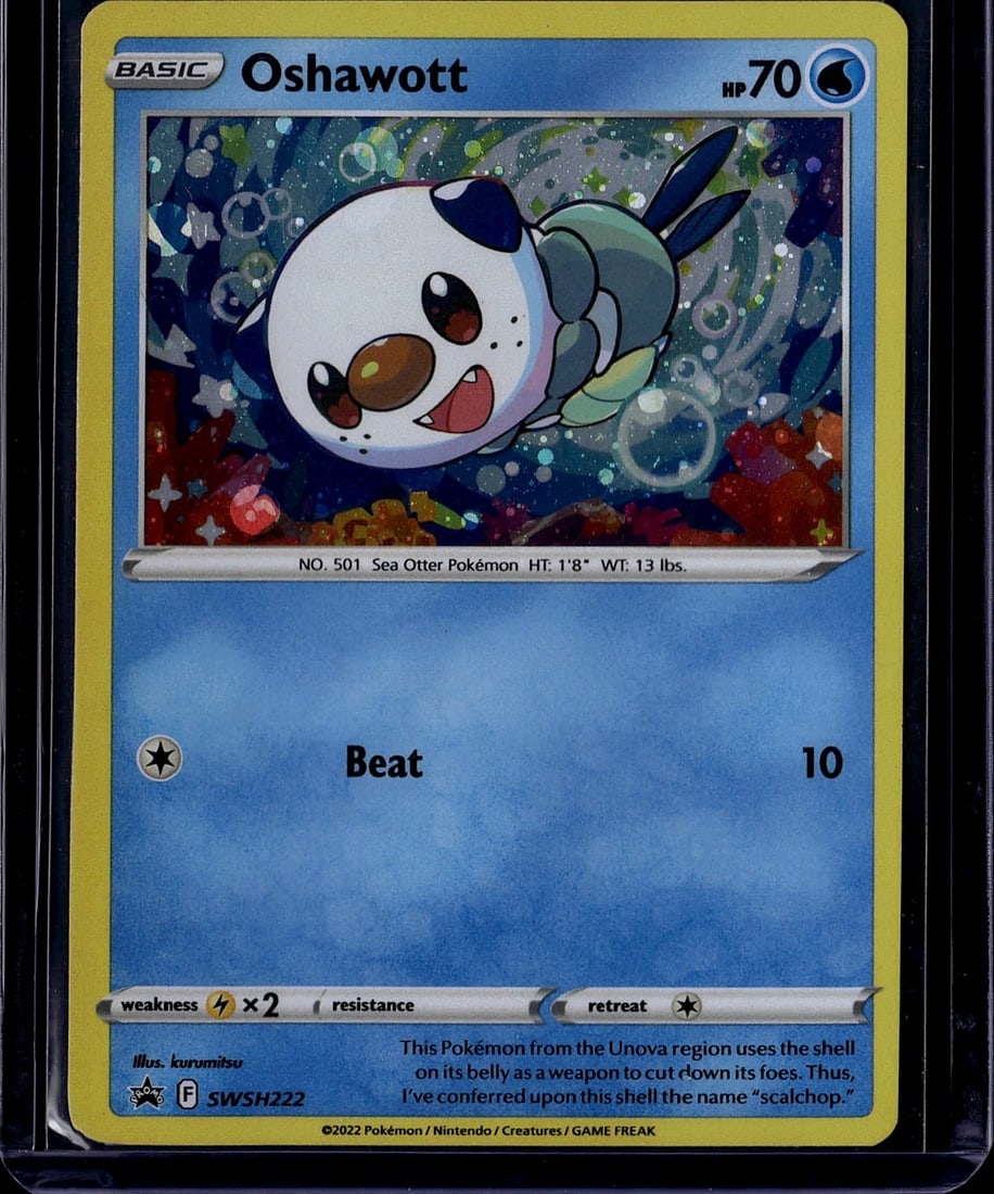 2022 Oshawott SWSH222 Sword & Shield Black Star: Oshawott SWSH222 is a Basic Water-type Pokemon card with 70 HP, released as a Black Star Promo in 2022 as part of the Spring Collector Chest. It features the attack 'Beat' (10 damage) and is