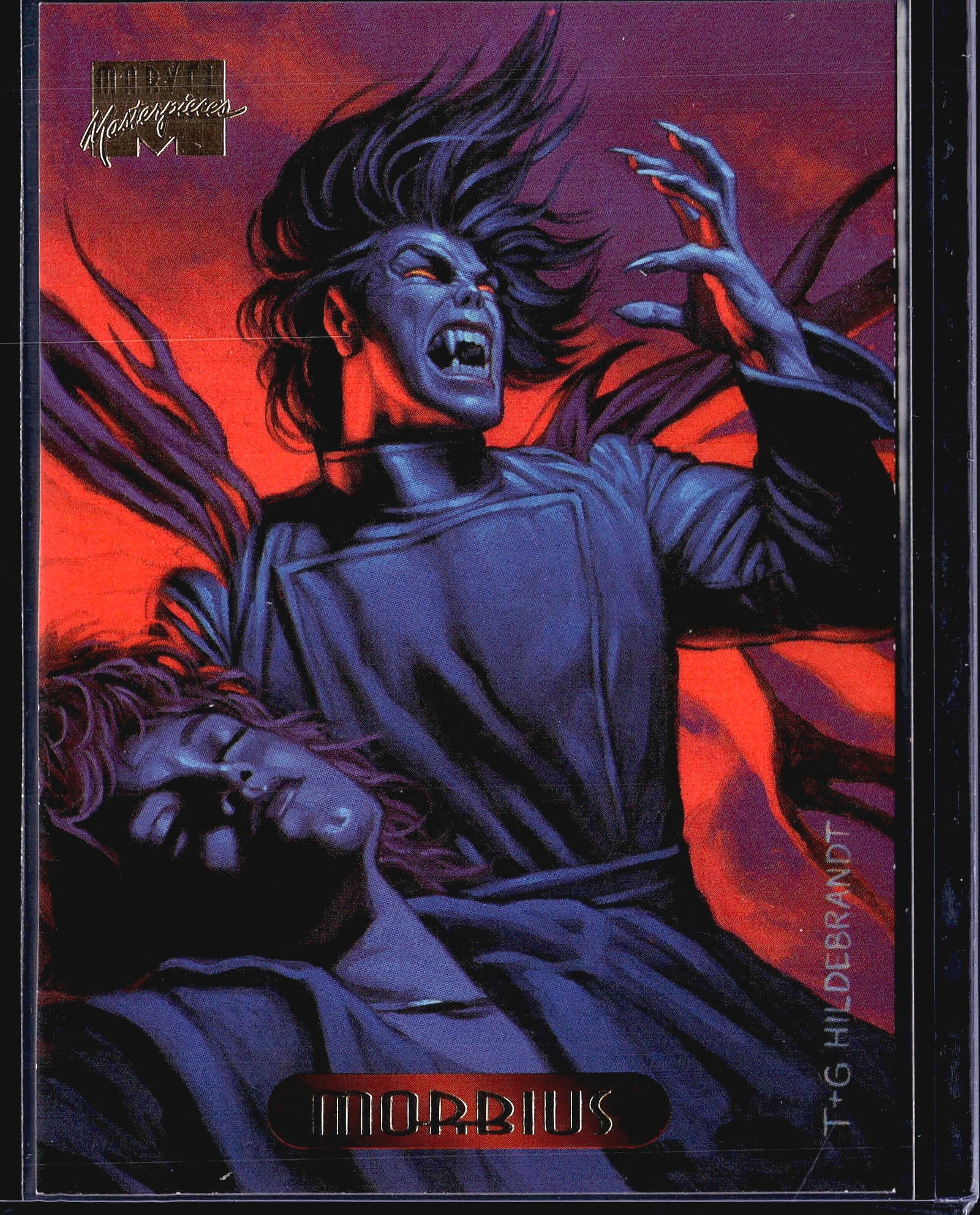 1994 Fleer Marvel Masterpieces Morbius #79: This is card #79 from the 1994 Marvel Masterpieces trading card set, distributed exclusively by Fleer Corp. The card features Morbius, the Living Vampire, rendered in dramatic painted artwork by Greg