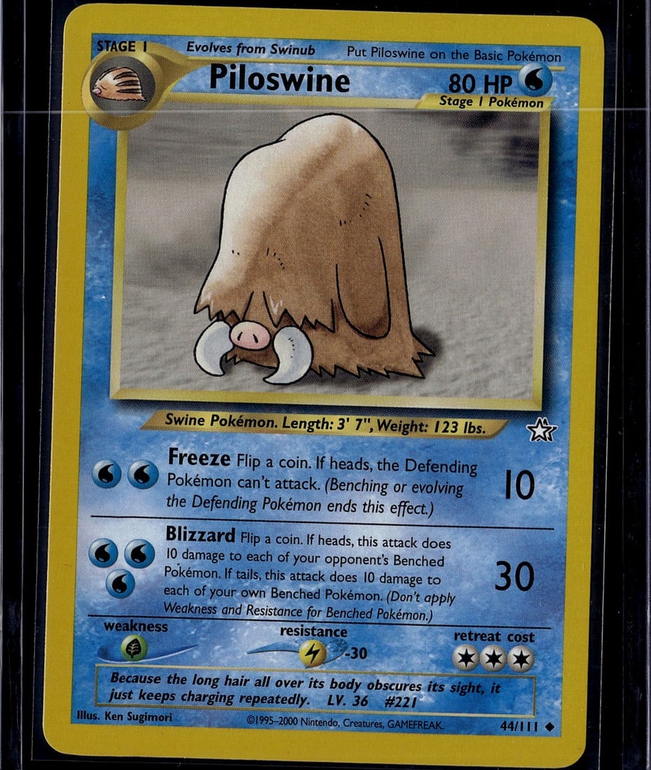 Piloswine 221/111 Base Set Pokemon Card 2000: This is an authentic Piloswine Pokemon trading card from The Pokemon Company's Base Set, released in 2000. Card #221/111 features the iconic Ice/Ground-type Stage 1 Pokemon that evolves from Swinub.