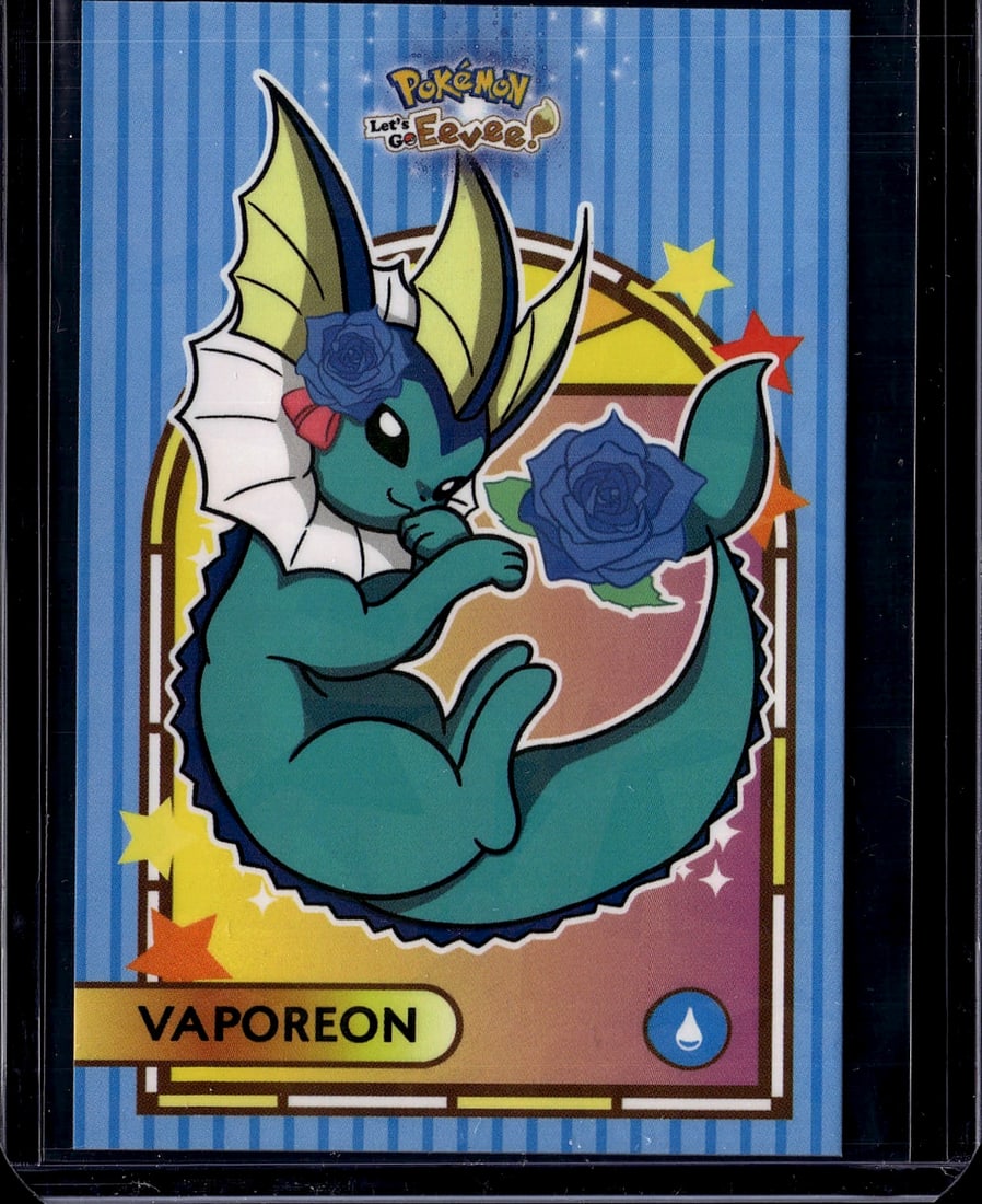 2025 Pokemon Let's Go Eevee Vaporeon 127 Card: Vaporeon card #127 from the Pokemon Let's Go Eevee set, manufactured by Database in Peru. Features a Cracked Ice Holo finish and depicts the Water-type Eeveelution. This is a third-party/unofficial