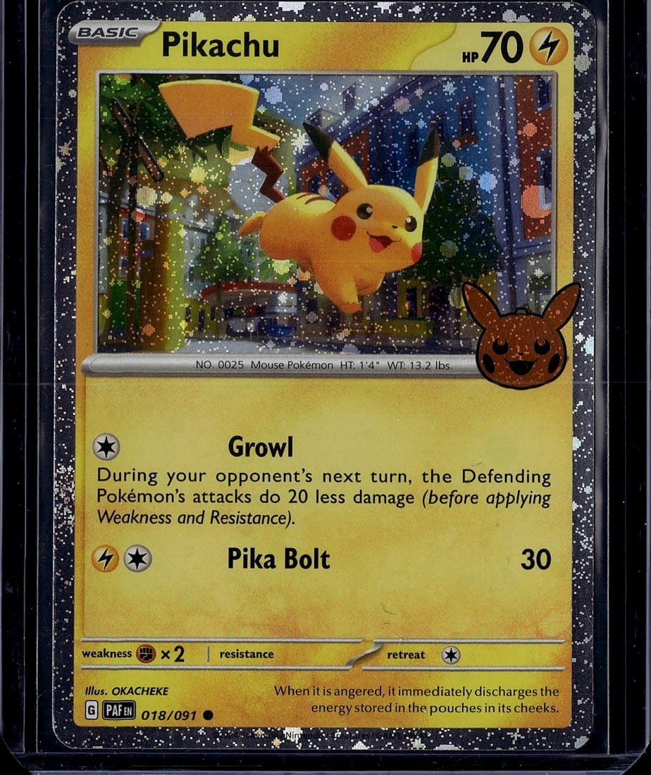 Pikachu 018/091 Sword & Shield Pokemon Card Near: This is an authentic Pikachu Pokemon Trading Card from the Sword & Shield expansion set, card number 018/091. It features the iconic Mouse Pokemon with its characteristic yellow coloring and happy