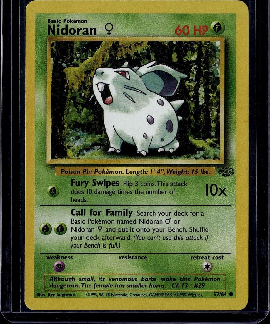 1999 Pokemon Base Set Nidoran Female 57/64 Card: This is an original 1999 Pokemon Trading Card Game Base Set card featuring Nidoran (female). The card displays the iconic artwork by Ken Sugimori and includes the classic game mechanics from the earli
