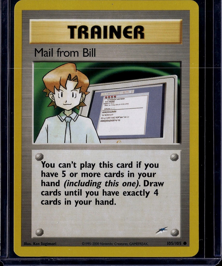 Mail from Bill 105/105 Pokemon Base Set Trainer: This is an authentic Pokemon Trainer card from the classic Base Set released by Nintendo/The Pokemon Company in 2000. "Mail from Bill" (card #105/105) is a Trainer card featuring the beloved
