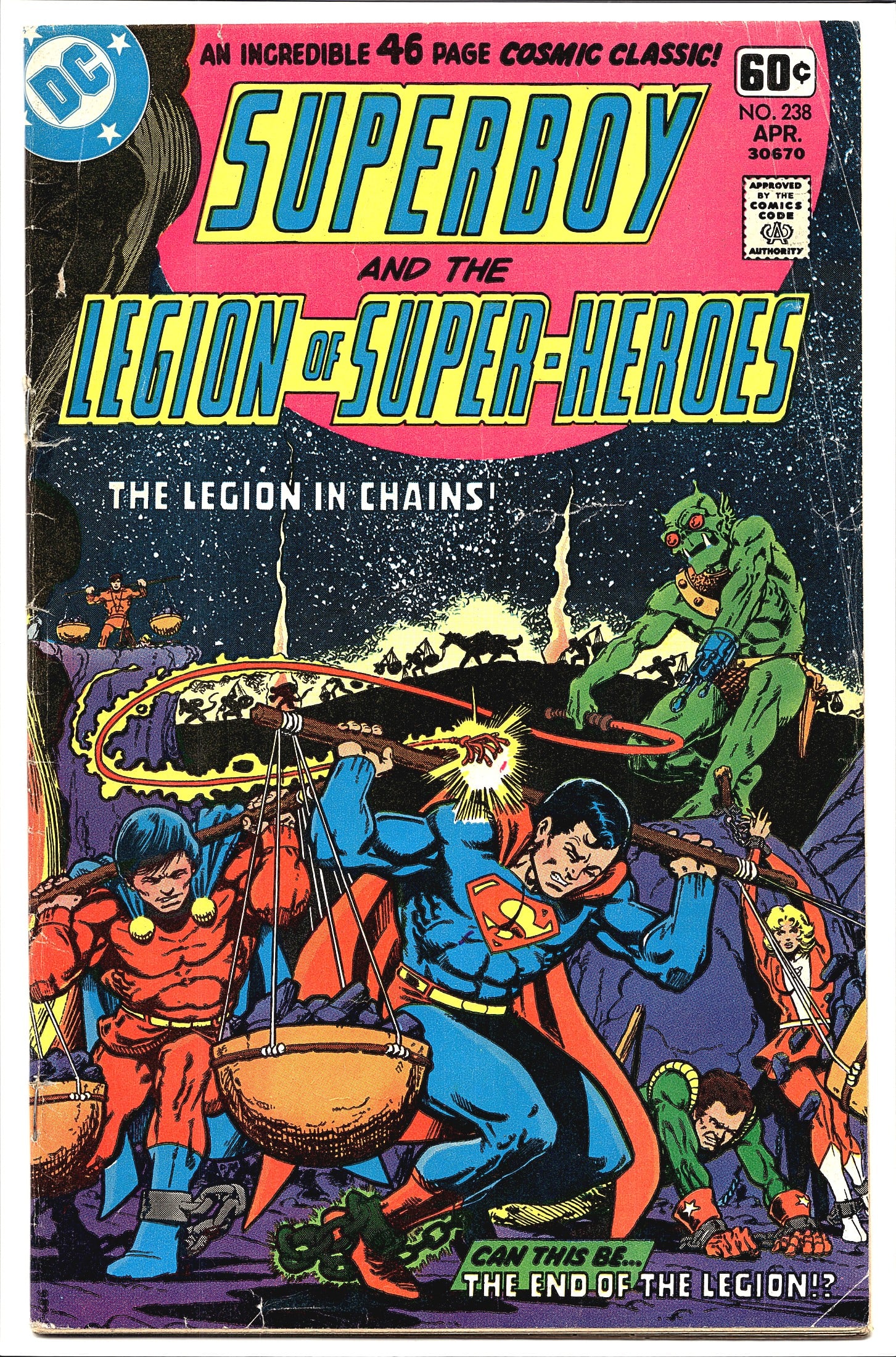 1978 DC Superboy Legion Super-Heroes #238 Jim: Superboy and the Legion of Super-Heroes #238, published by DC Comics, cover dated April 1978, priced at 60 cents on the cover. This 46-page issue is billed as a 'Cosmic Classic' and features the