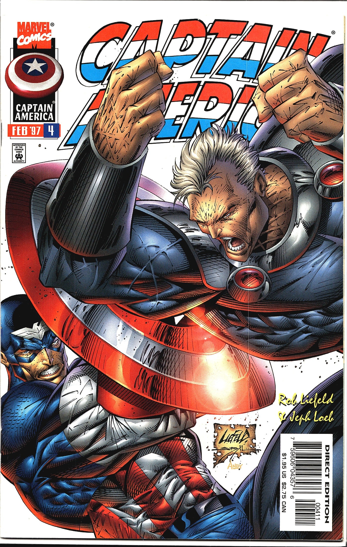 1997 Marvel Captain America 2nd Series #4 Comic: Captain America #4 (February 1997) published by Marvel Comics as part of the Heroes Reborn era relaunch. This issue features cover art by Rob Liefeld with story by Jeph Loeb and Rob Liefeld. The