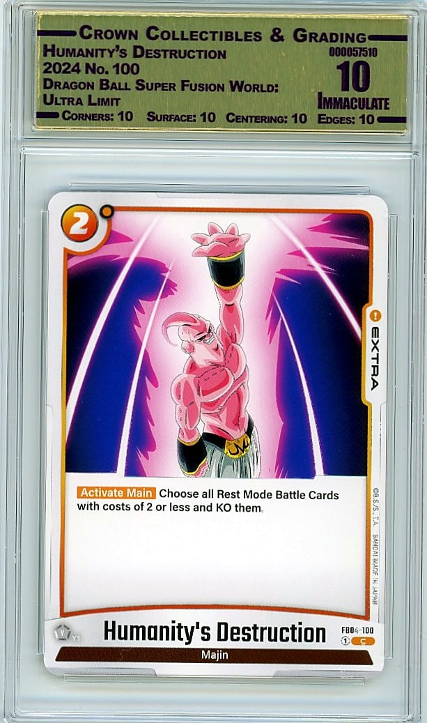 2024 Dragon Ball Super Fusion World Humanity's: This is a 2024 Humanity's Destruction card #100 from the Dragon Ball Super Fusion World: Ultra Limit set. A stunning piece from one of the most sought-after Dragon Ball trading card releases, this