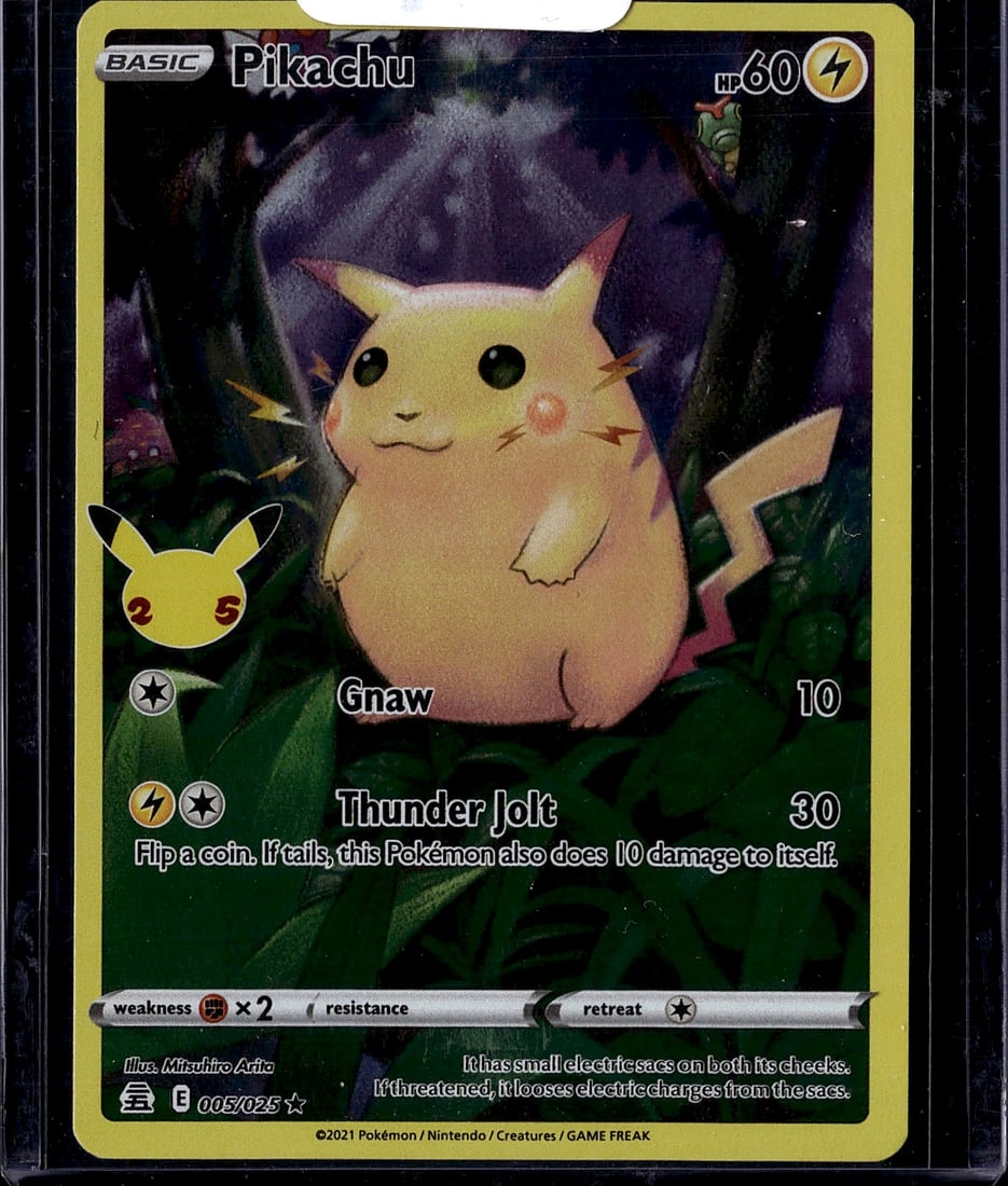 2021 Pokemon Celebrations Pikachu 005/025 Near: This is a 2021 Pokemon Trading Card Game Basic Pikachu card numbered 005/025, featuring the iconic Electric-type Pokemon in near mint condition. The card displays Pikachu's classic design with
