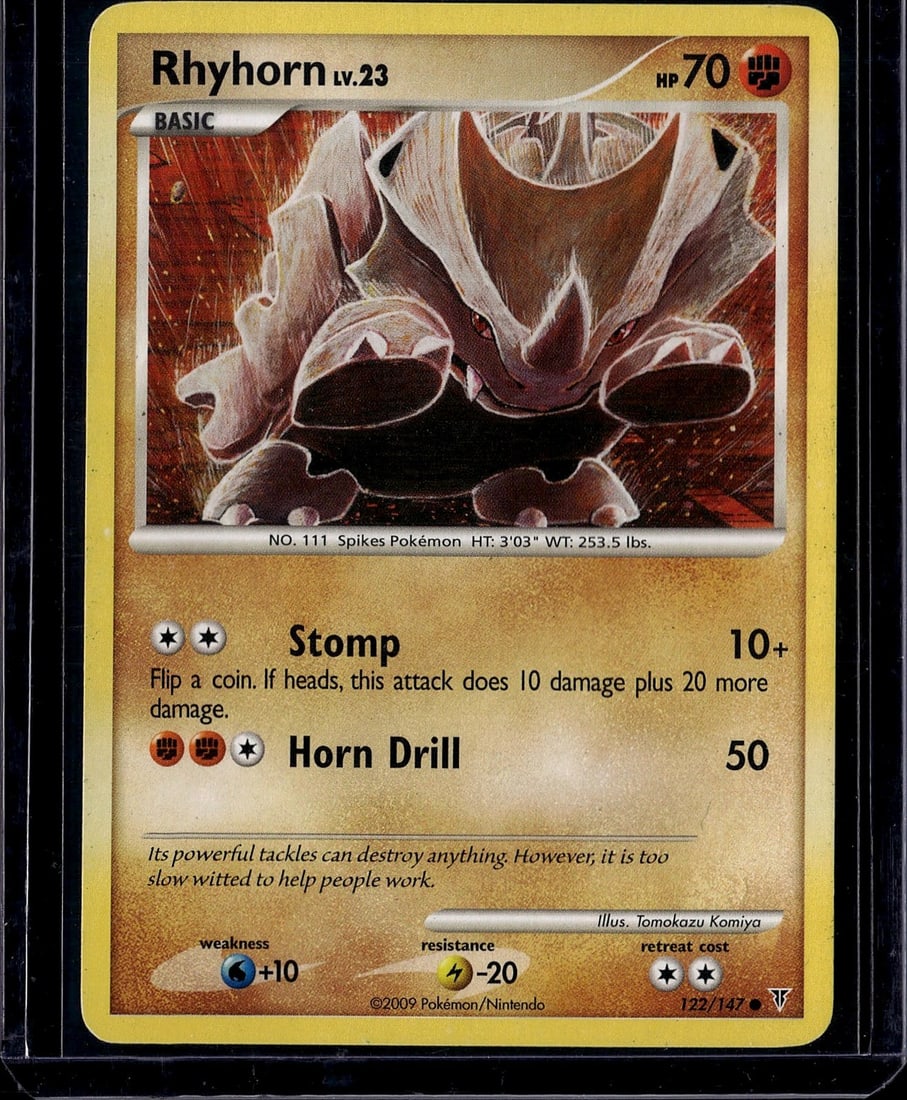 Rhyhorn Lv.23 Platinum 122/147 Pokemon Card: This is an ungraded Rhyhorn Level 23 Pokemon trading card from the Platinum set, card number 122/147. Released in 2009 by The Pokemon Company and illustrated by Tomokazu Komiya, this is a Basic