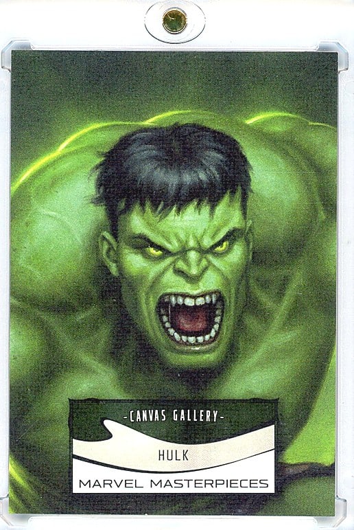 2022 Marvel Masterpieces Canvas Gallery Hulk #97: This is card #97 from the 2022 Upper Deck Marvel Masterpieces Canvas Gallery insert set, featuring the Hulk. Published under the SkyBox brand and produced by Upper Deck, this card showcases stunning p