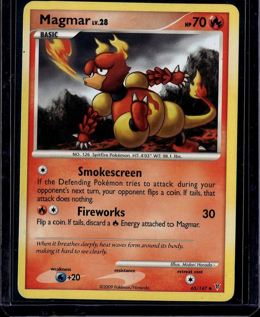 Magmar Lv.28 Pokemon Card 65/147 Platinum Set: This is a Magmar Lv.28 Pokemon trading card from the 2009 Platinum set, card number 65/147. Magmar is the Spitfire Pokemon, a Fire-type with 70 HP featuring classic artwork by Midori Harada. The card