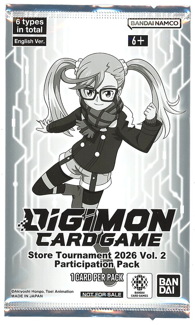 Digimon Card Game Store Tournament 2026 Vol. 2: This is a sealed Digimon Card Game Store Tournament 2026 Vol. 2 Participation Pack, produced by Bandai Namco and manufactured in Japan. The English version pack features anime-style artwork of a