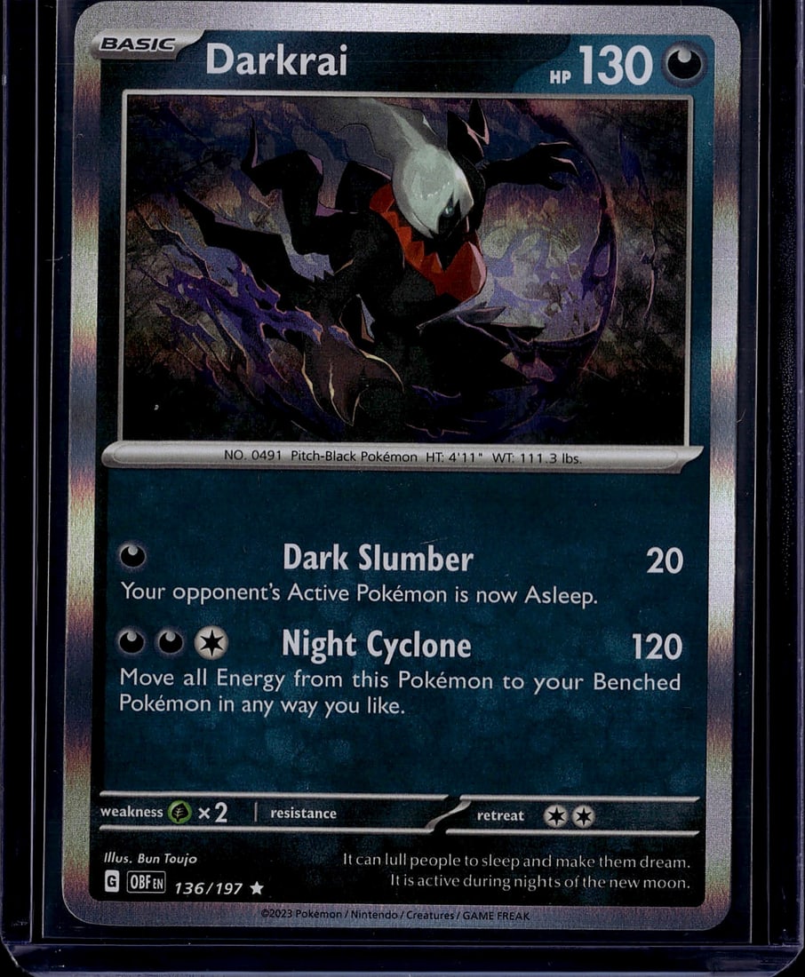 2023 Pokemon Obsidian Flames Darkrai 136 Near: This is a Darkrai Basic Pokemon card from the Scarlet & Violet set (Card #136/197), featuring this iconic Pitch-Black Pokemon with 130 HP. The card showcases Darkrai's menacing design rendered in stri