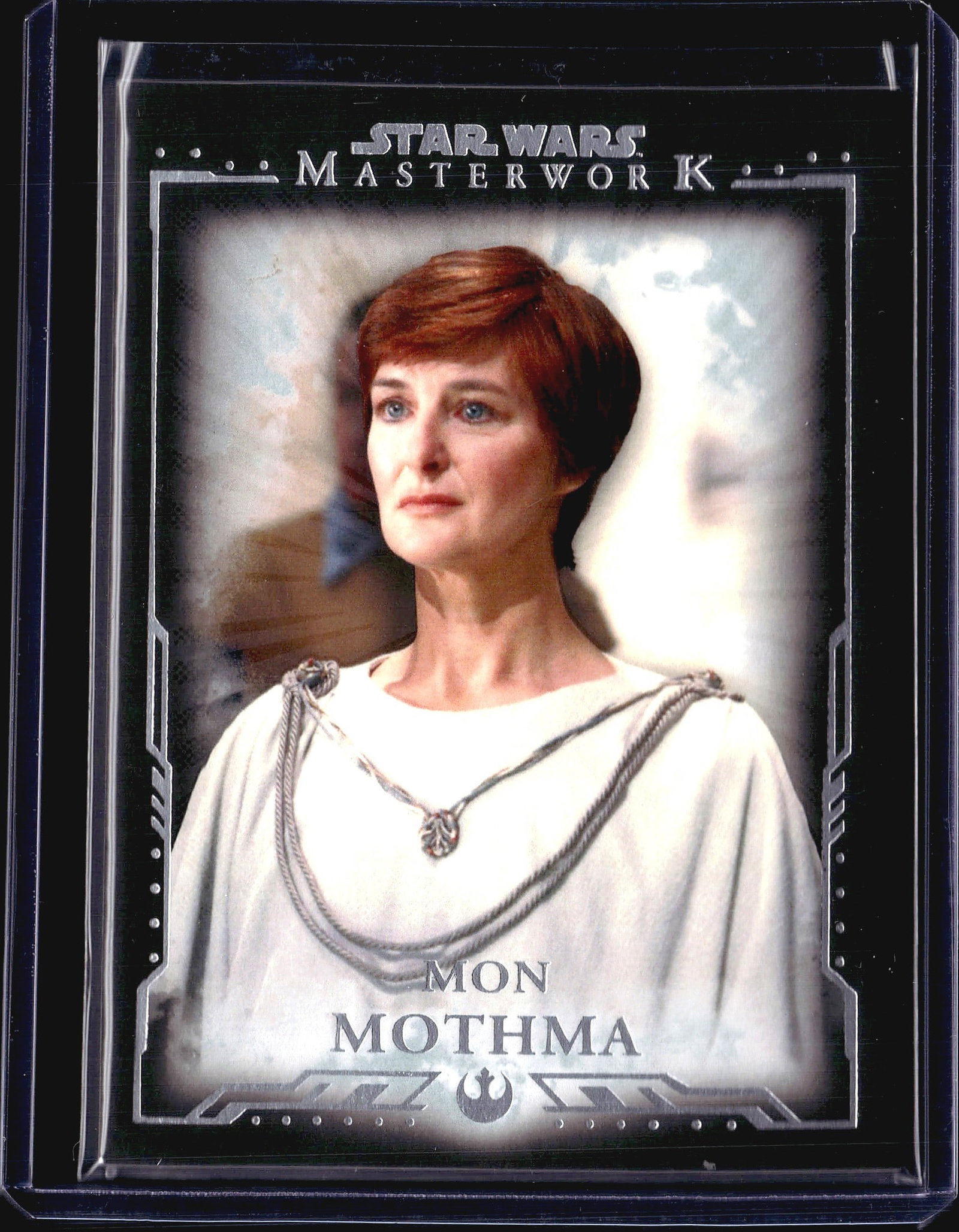 2015 Topps Star Wars Masterwork Mon Mothma Blue: This is card #48 from the Topps Star Wars Masterwork trading card series, featuring Mon Mothma, the commanding leader of the Rebel Alliance. The front of the card showcases a high-quality portrait ima