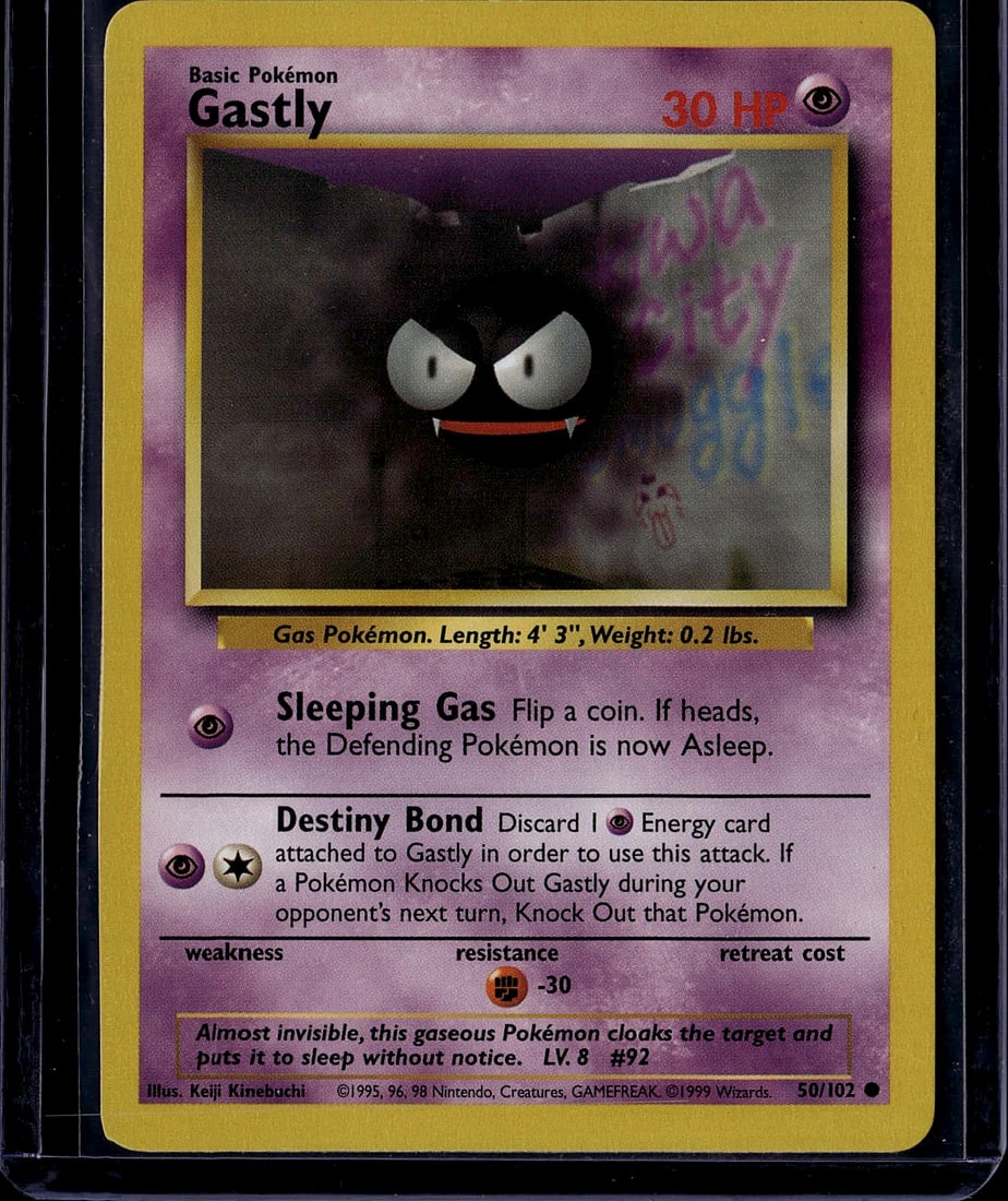 Gastly Base Set 50/102 Pokemon Card 1999 - Raw: This is an original 1999 Pokemon Base Set Gastly card (50/102), a foundational collectible from the earliest era of Pokemon Trading Card Games. Gastly is a Basic Psychic-type Pokemon with 30 HP,