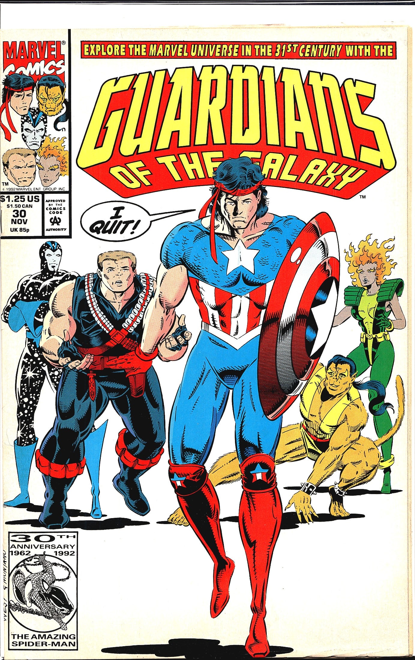1992 Marvel Comics Guardians of the Galaxy #30: This is issue #30 of Marvel Comics' Guardians of the Galaxy series, cover-dated November 1992. The cover features a Captain America-inspired character in the foreground holding a red-and-white star sh