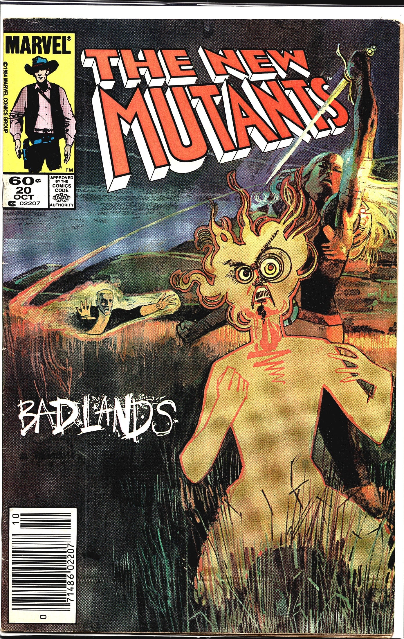 Marvel The New Mutants 1984 #20 Comic Book: This is Marvel Comics' The New Mutants #20, published in October 1984, titled 'Badlands.' The cover features a dramatic, atmospheric horror-tinged illustration depicting a distressed figure with flami