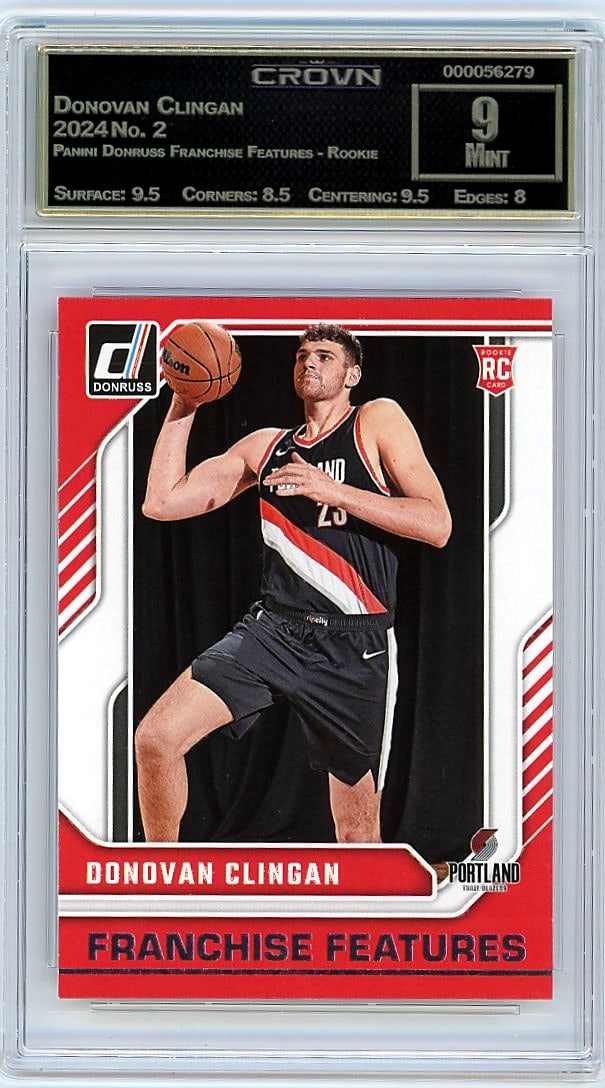 2024 Donovan Clingan Panini Donruss Franchise: This is a 2024 Donovan Clingan card from the Panini Donruss Franchise Features Rookie set, card number 2. It's a rookie card of one of the most anticipated young talents in professional basketball,
