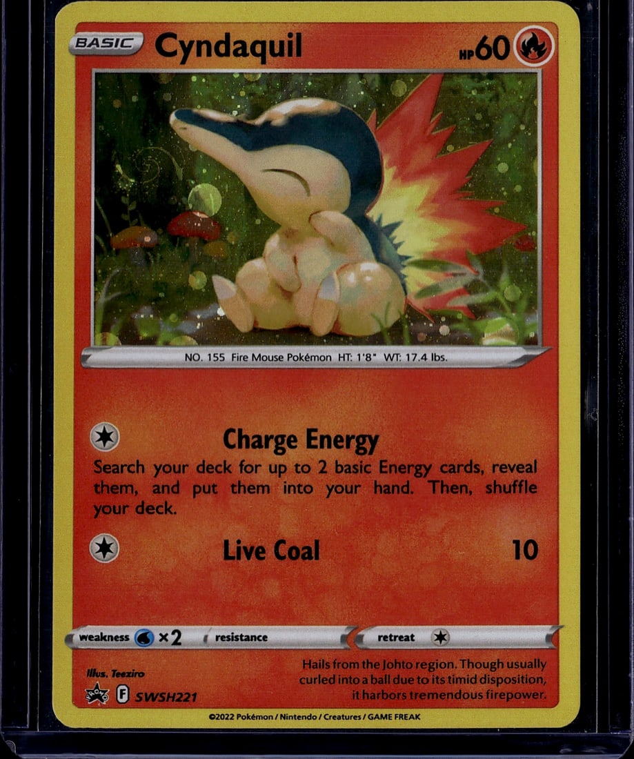 2022 Cyndaquil Sword & Shield Black Star Promo: Cyndaquil SWSH221 is a Fire-type Basic Pokemon card with 60 HP, released as a Holo Black Star Promo in 2022. It features the attack 'Charge Energy,' which lets the player search their deck for up to
