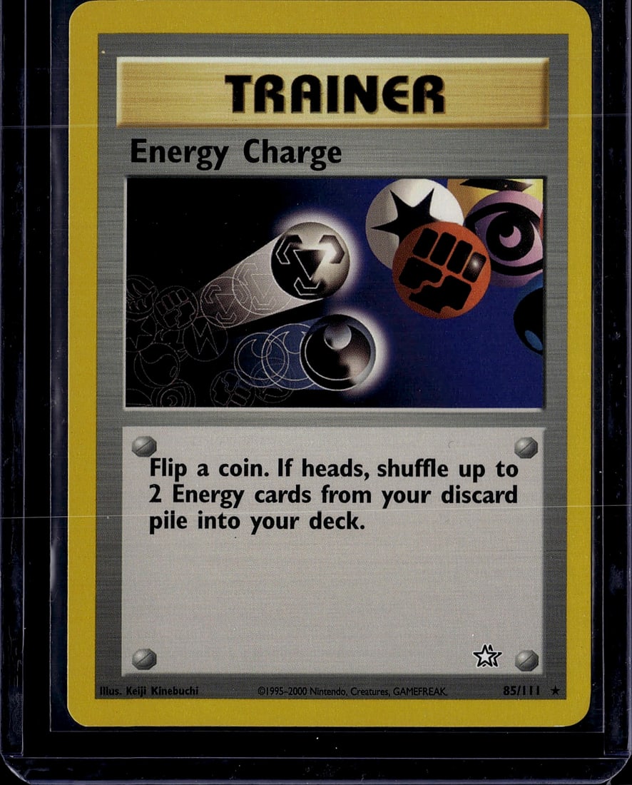 2000 Pokemon Neo Genesis Energy Charge 85/111: Energy Charge is a Rare Trainer card from the Pokemon TCG Neo Genesis expansion, card 85 of 111. Neo Genesis was released in English on December 16, 2000 and was the first set to introduce