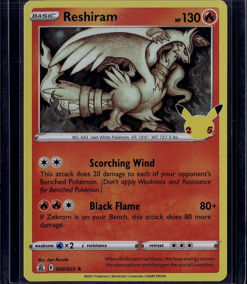 2021 Pokemon Celebrations Reshiram 002/025 Mint: This is a raw, ungraded 2021 Pokemon Reshiram card (No. 643) from the Pokemon TCG. The card features the Vast White Pokemon with excellent artwork by Aya Kusube. Reshiram stands at 10'6" and weighs