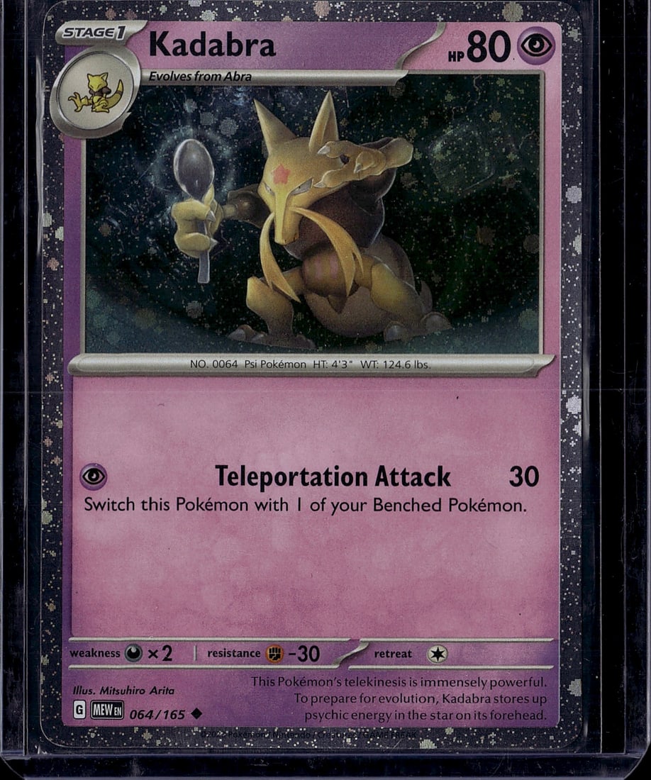 Kadabra 064/165 Sword & Shield Pokemon Card: This is a raw Kadabra Pokemon card from the Sword & Shield set, card number 064/165. A Stage 1 Psychic-type Pokemon that evolves from Abra, Kadabra features 80 HP and the signature Teleportation Attac