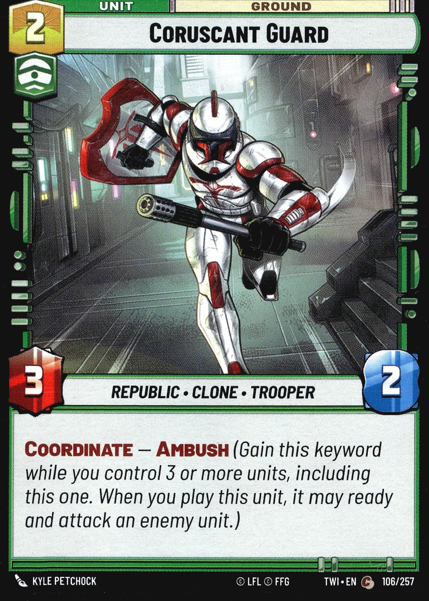 2024 FFG Star Wars Unlimited Twilight of the: This listing is for the Coruscant Guard (106/257) from the Star Wars Unlimited trading card game set Twilight of the Republic (TWI). This is a Ground Unit card with a cost of 2, featuring 3 power and