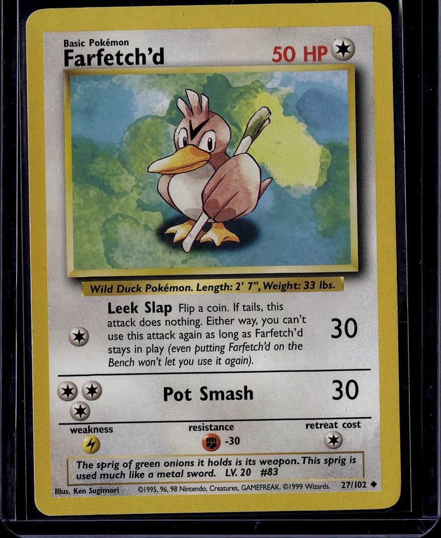 1999 Pokemon Base Set Farfetch'd 27/102 - Raw: This is an authentic 1999 Pokemon Trading Card Game Base Set Farfetch'd card (27/102). This Basic Pokemon Wild Duck features 50 HP and depicts the iconic leek-wielding character in Ken Sugimori's orig