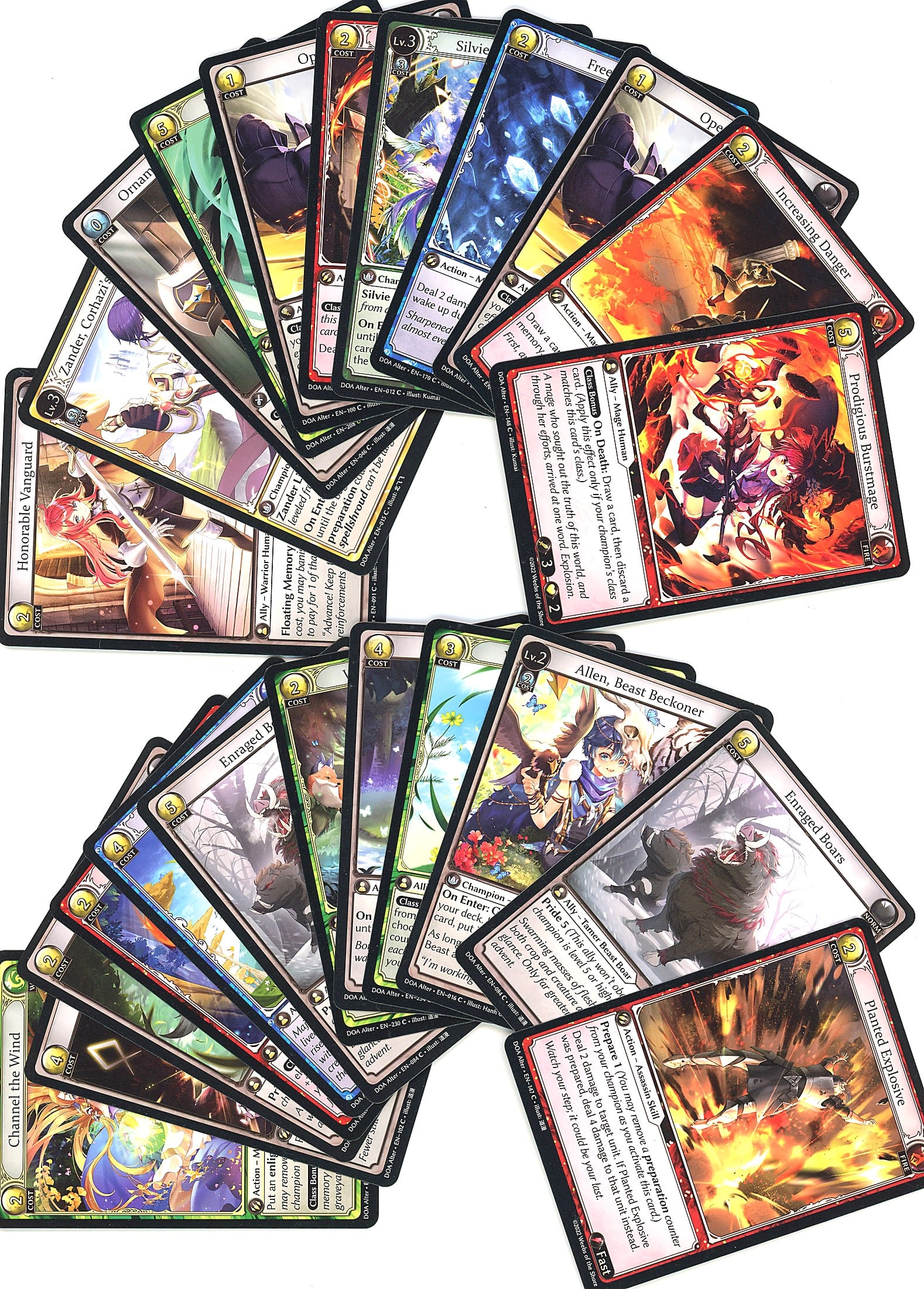 Grand Archive TCG Card Lot Modern Trading Cards: This lot contains modern Grand Archive TCG trading cards with a mix of finishes. The photo shows approximately 15-18 loose cards fanned across two groupings, featuring the distinctive Grand Archive