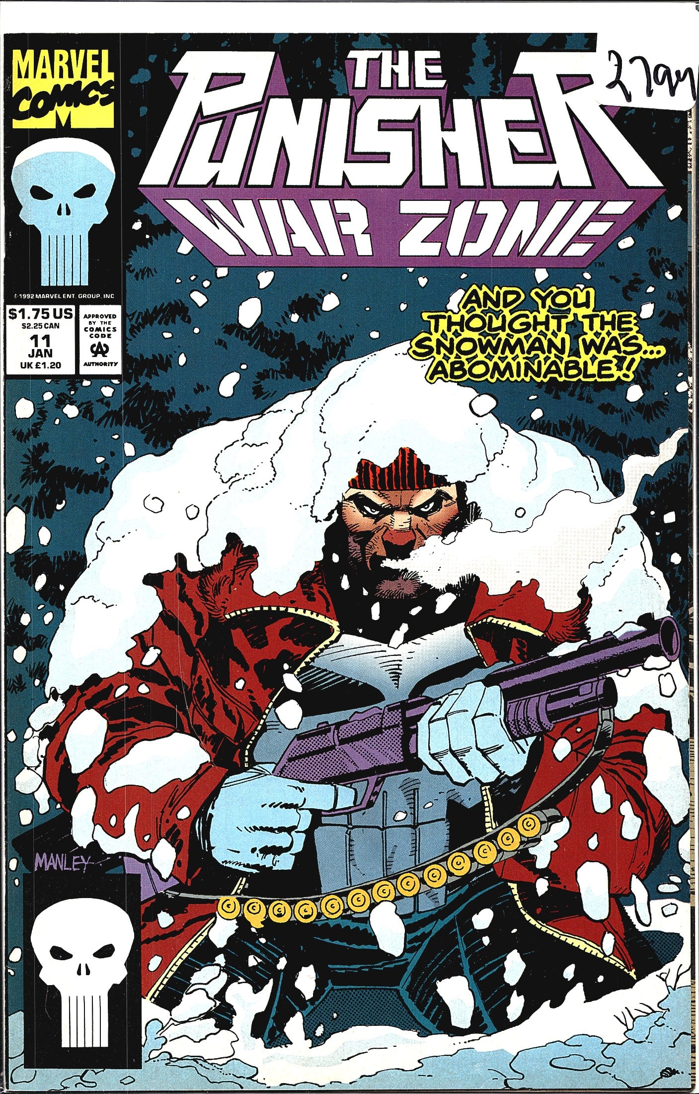 1992 Marvel Punisher War Zone #11 Comic Book: This listing features The Punisher War Zone #11, published by Marvel Comics in January 1992, priced at $1.75 US / $2.25 CAN / 1.20 UK. The cover, illustrated by Manley, depicts a fearsome anthropomorp