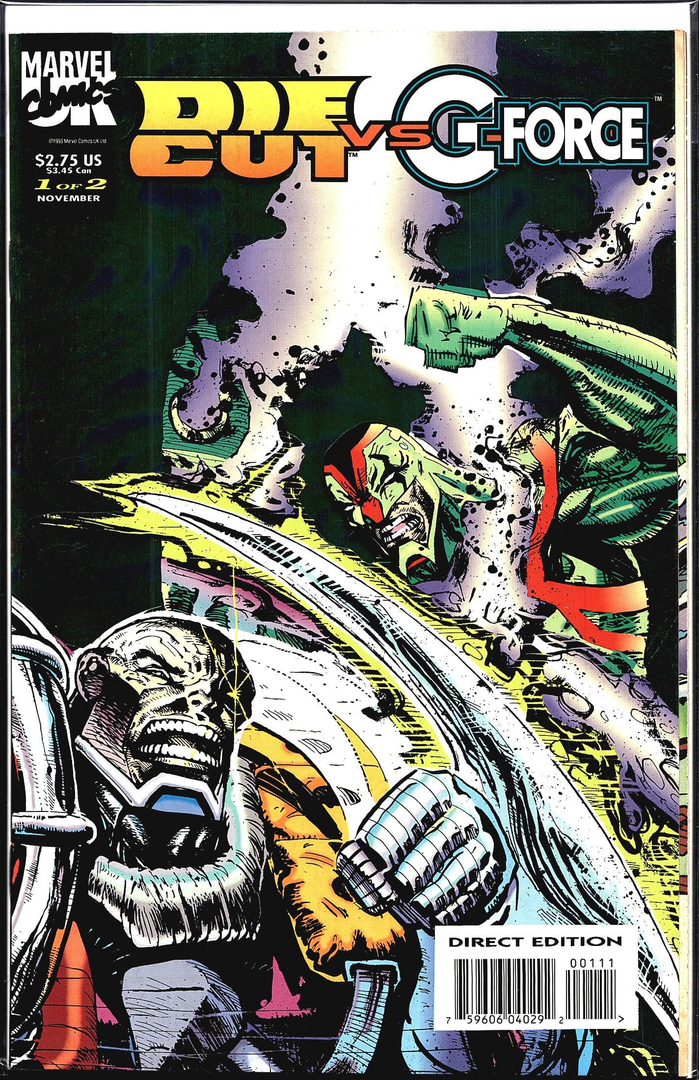 1993 Marvel Die-Cut vs G-Force Comic Card #1: This listing is for Die Cut vs G-Force #1 of 2, published by Marvel Comics UK Ltd in November 1993. The cover features dynamic action artwork depicting characters in an intense confrontation. Priced