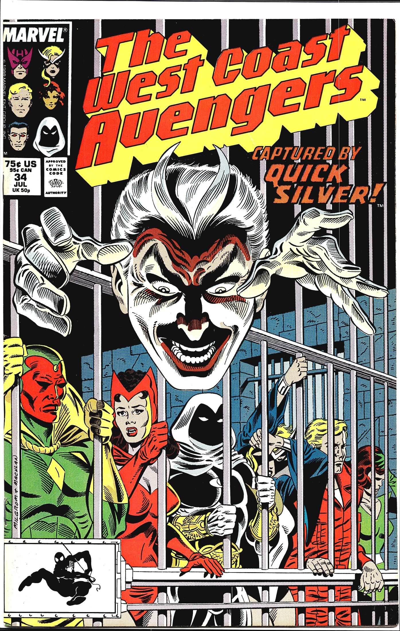 West Coast Avengers #34 Marvel Comics 1988: West Coast Avengers #34, published by Marvel Comics, cover dated July 1988, priced at 75 US. This issue features a dramatic cover by Milgrom and Maculan depicting the team - including Vision, Scarlet 