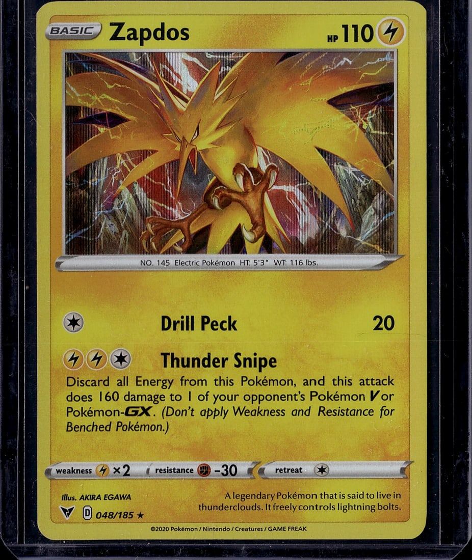 Zapdos 048/185 Sword & Shield Pokemon Card: This is a raw Zapdos Pokemon trading card from the Sword & Shield set, card number 048/185. Zapdos is a legendary Electric-type Pokemon featured in this modern set release from 2020. The card