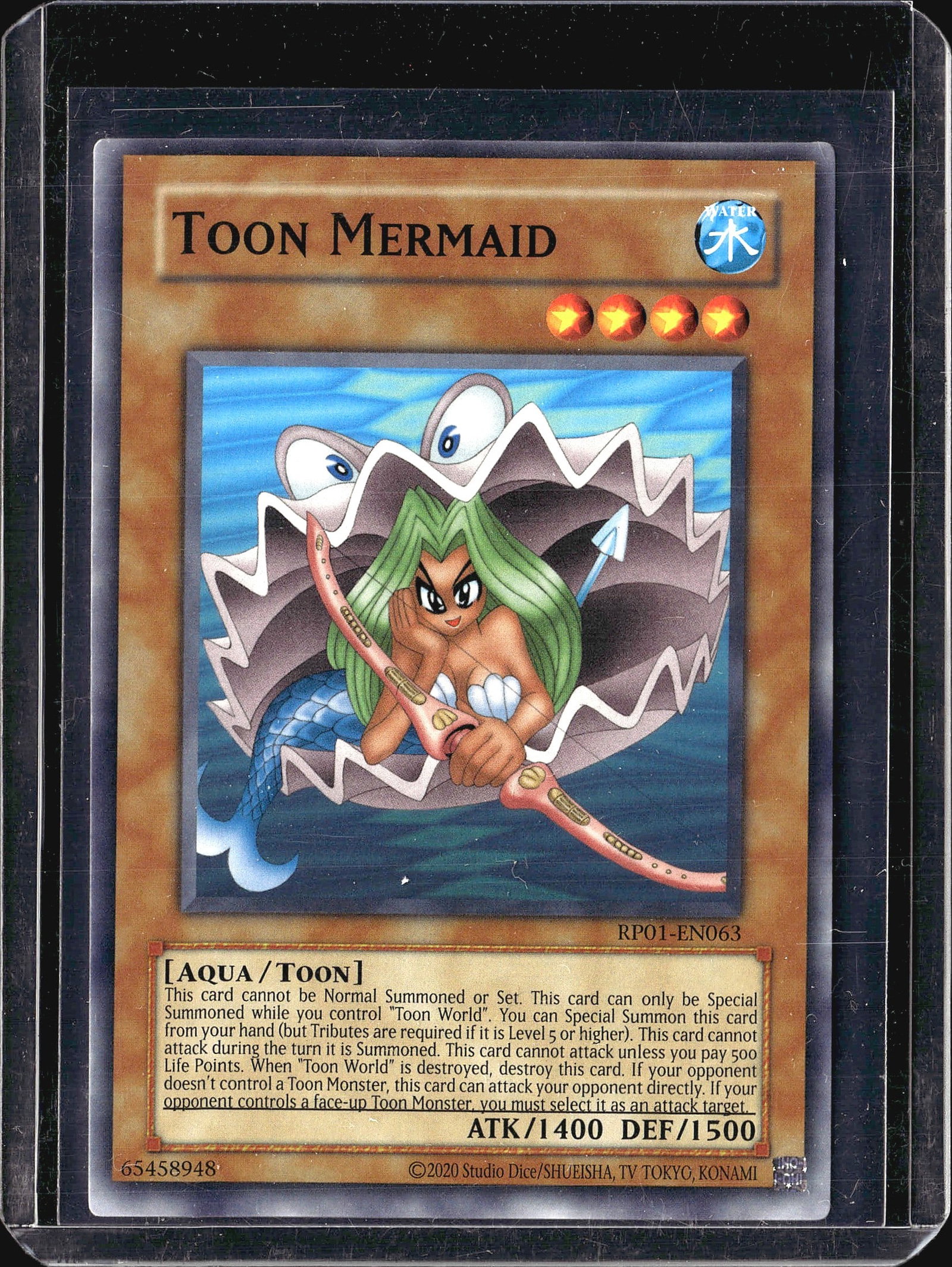 2020 Konami Yu-Gi-Oh Retro Pack 1 Toon Mermaid: This listing features Toon Mermaid (RP01-EN063) from the Yu-Gi-Oh! Retro Pack 1 set, copyright 2020 Studio Dice/SHUEISHA, TV TOKYO, KONAMI. The card is an Aqua/Toon type monster with an ATK of 1400