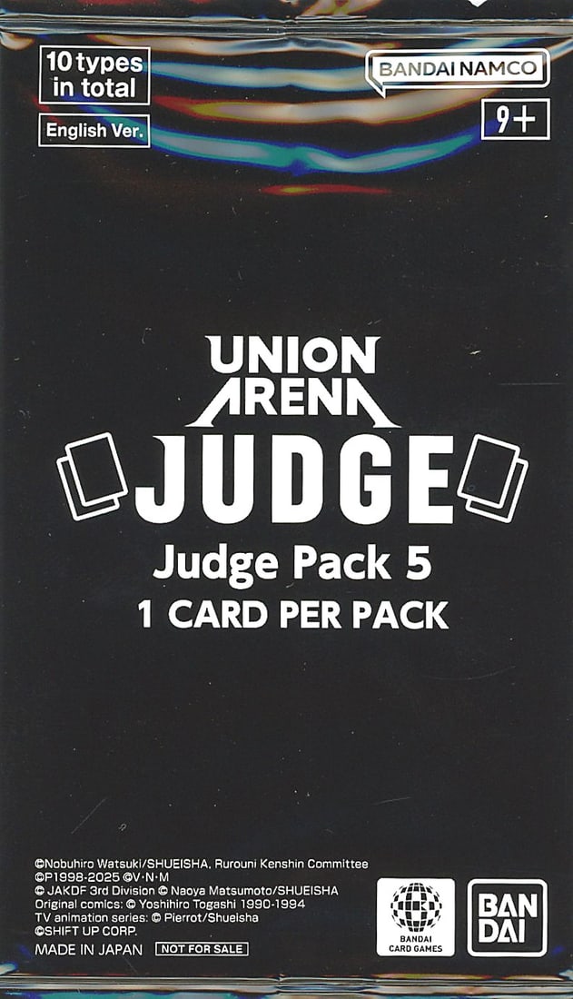 2025 Bandai Union Arena Judge Pack 5 Sealed: This is an official Union Arena Judge Pack 5 from Bandai Namco, English Version. The sealed pack contains 1 card per pack and features 10 types in total across the judge pack series. The pack is