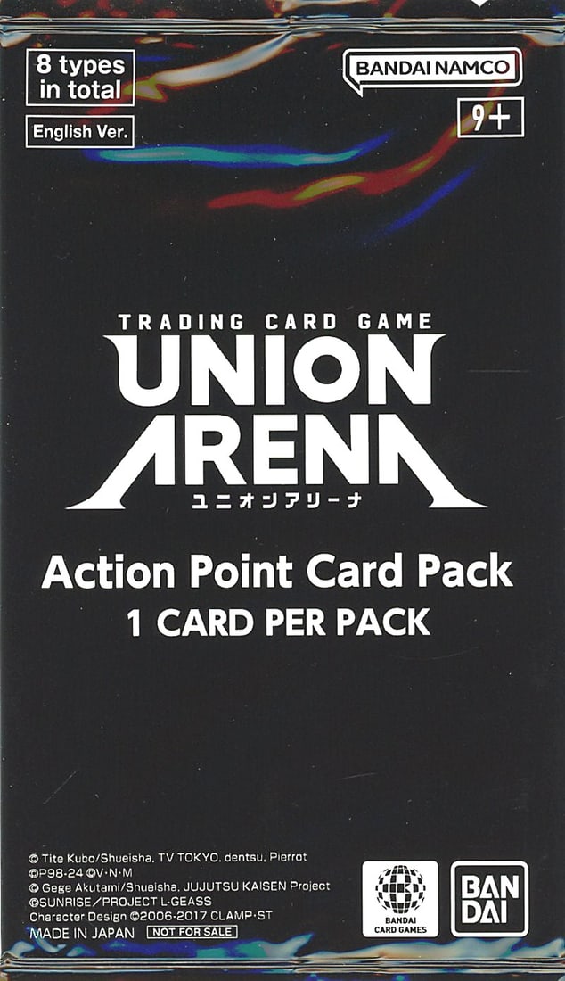 Union Arena Action Point Card Pack 1-Card: Single-card booster pack from Bandai's Union Arena trading card game in English version. This pack contains one Action Point Card and is part of a 8-type promotional or special release lineup. Union