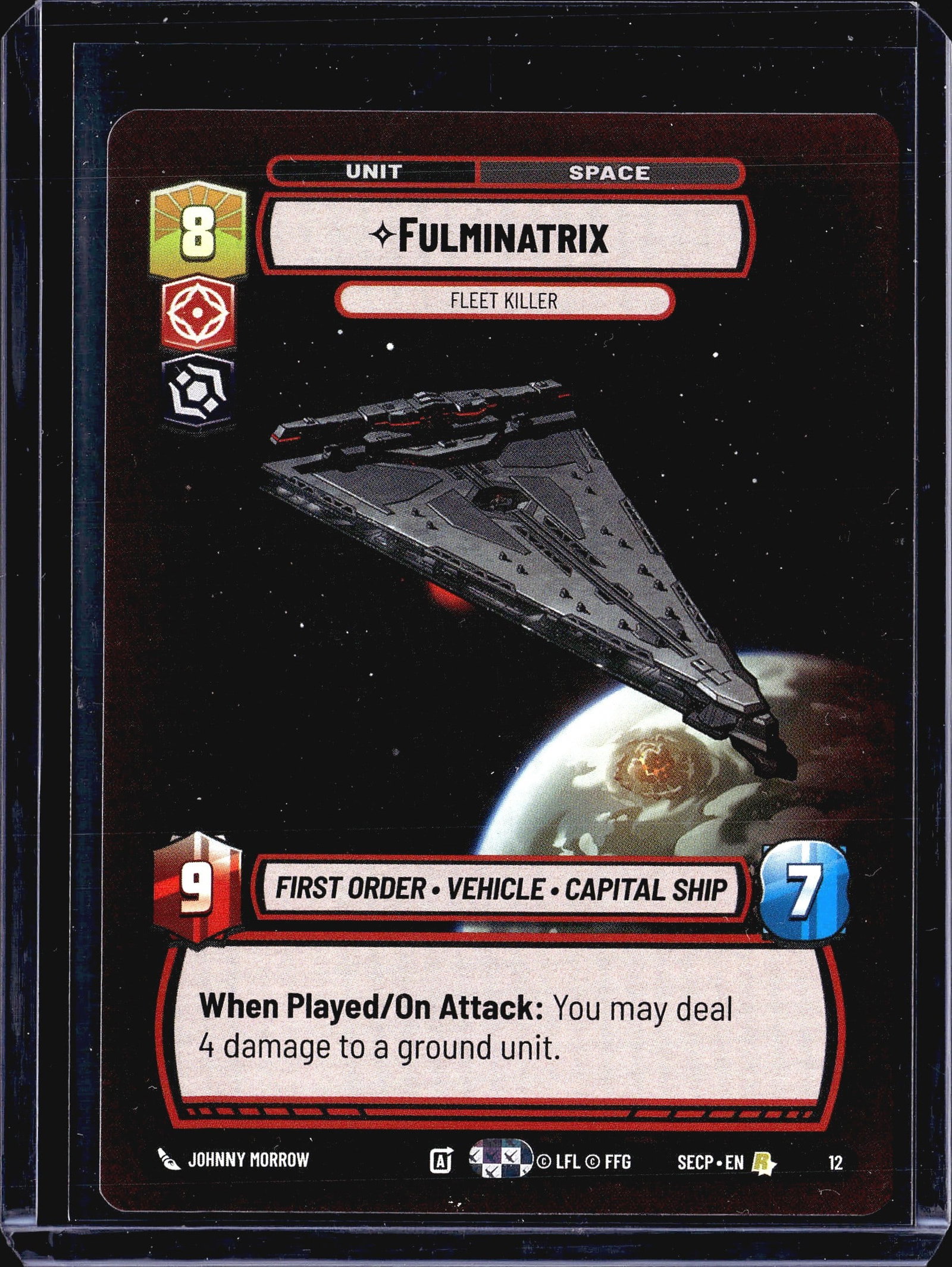2024 FFG Star Wars Unlimited Secrets of Power: This listing features Fulminatrix (Fleet Killer), card #12 from the Star Wars Unlimited trading card game, published by Fantasy Flight Games (FFG) under license from LFL. It is a Space Unit belonging