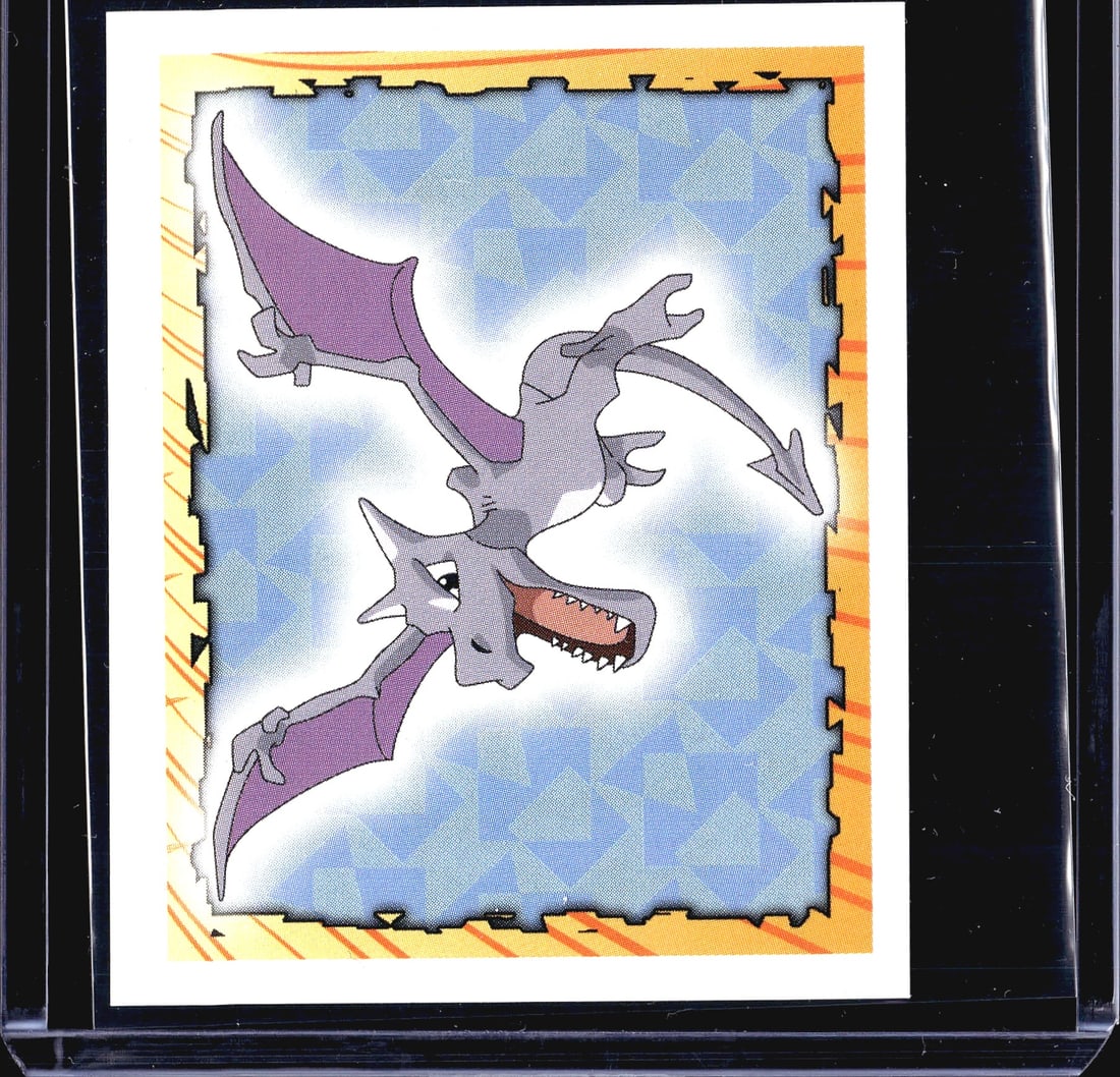 1999 Merlin Topps Pokemon Sticker Series 1: This listing features a 1999 Merlin Collections Pokemon sticker numbered 142, depicting Aerodactyl, the Rock/Flying-type fossil Pokemon. The front features Aerodactyl in a dynamic flying pose against 
