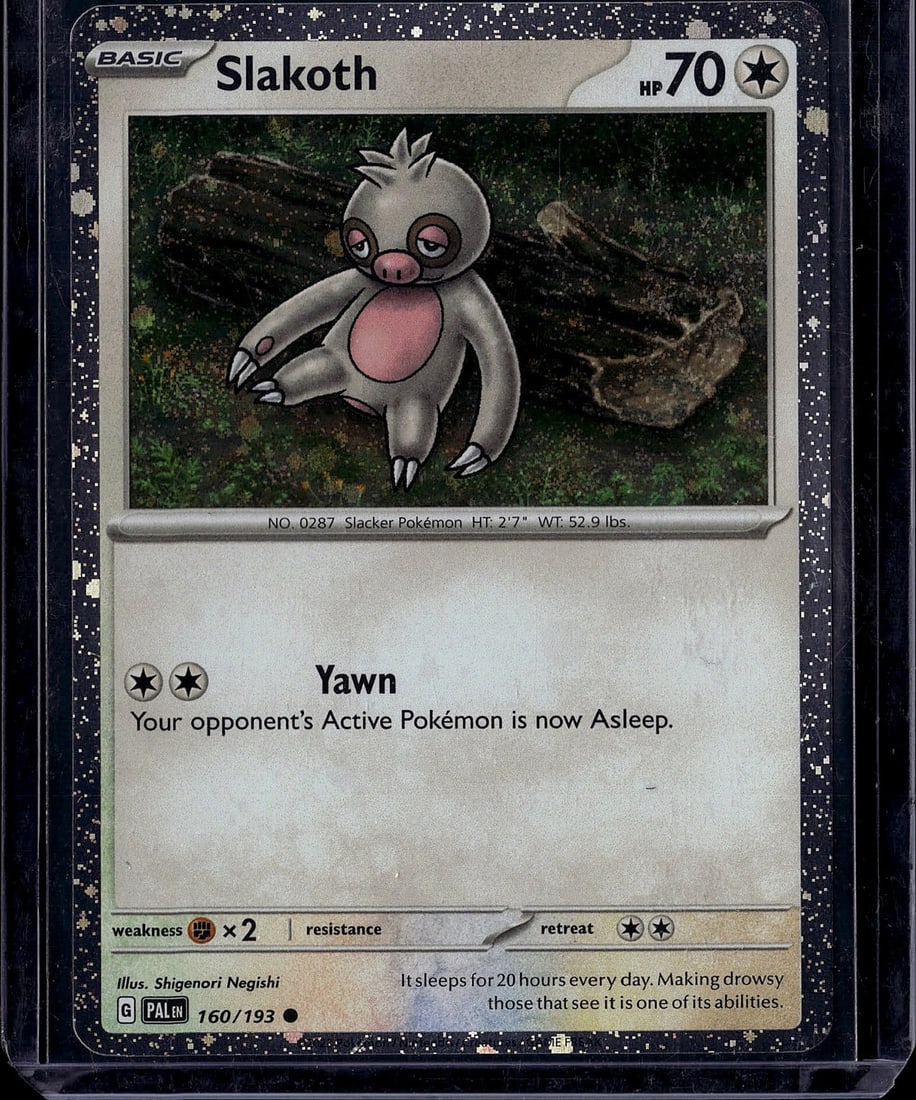 Slakoth 160/193 Scarlet & Violet Pokemon Card: This is a raw Slakoth Pokemon trading card from the Scarlet & Violet set, card number 160/193. Slakoth is a Basic Colorless-type Pokemon with 70 HP, featuring the Yawn attack that puts the opponent's