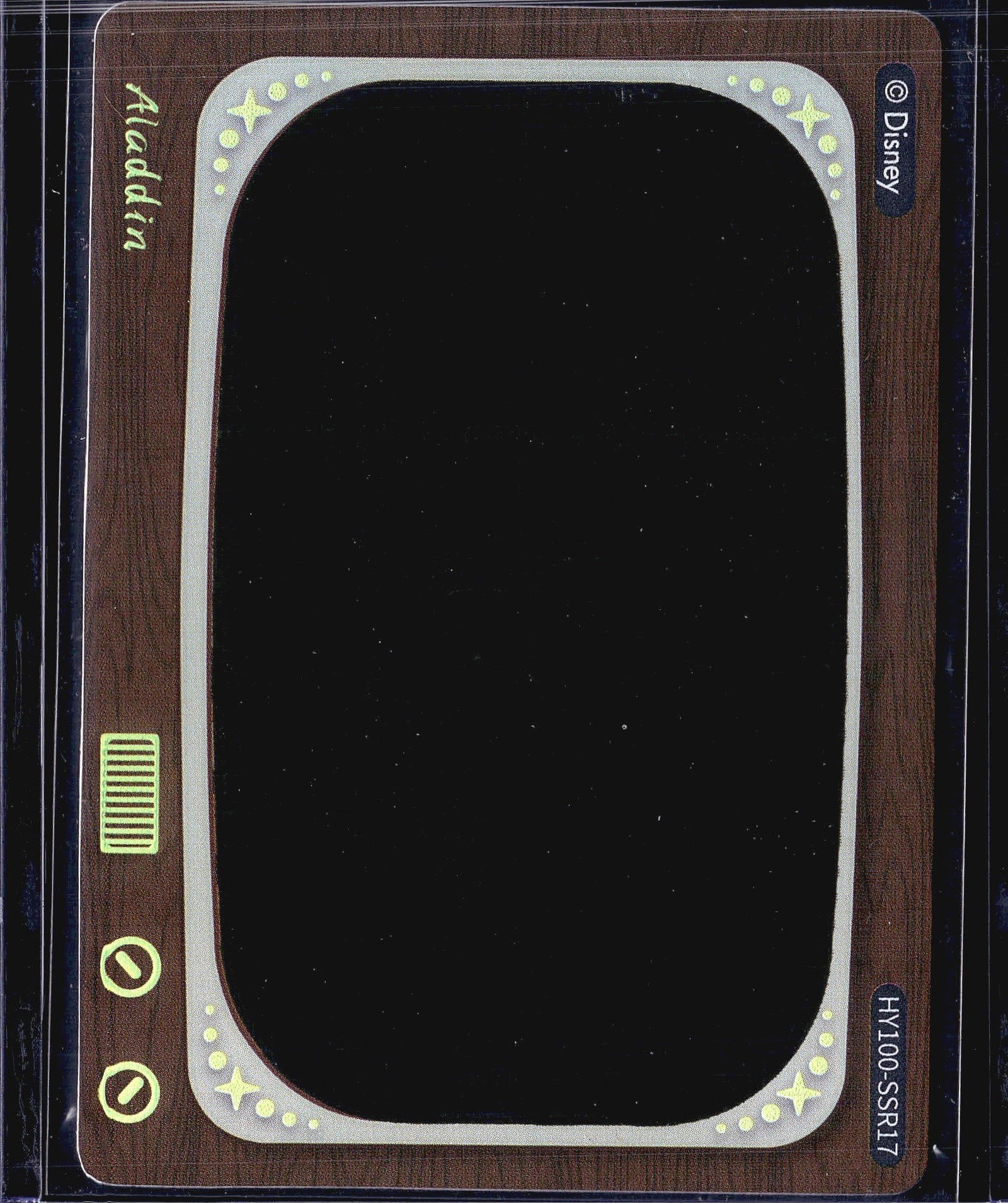 2023 Topps Chrome Disney 100 Iconic Moments: This is a Disney 100 Heat Activated Movie Scenes card from Card Fun, featuring Aladdin with card number HY100-SSR17. The card showcases a distinctive retro television-style frame design with a wood-gr