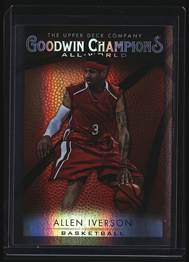 2021 Upper Deck Goodwin Champions Allen Iverson: 2021 Upper Deck Goodwin Champions Allen Iverson basketball card #GB-11. Features Iverson in his iconic red Philadelphia 76ers jersey number 3. Card includes biographical details: Height 6'0", Weight 1