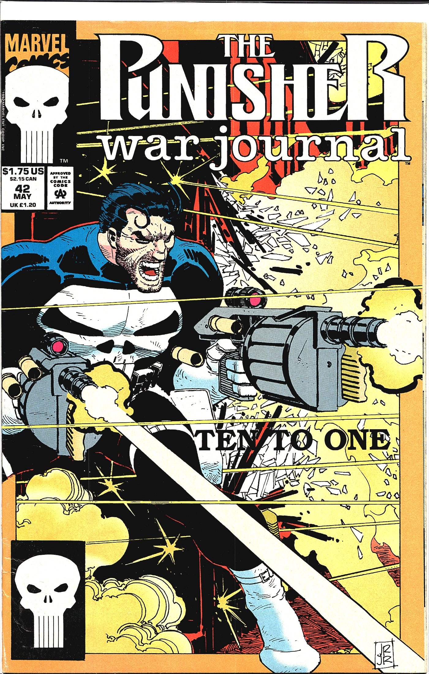 1992 Marvel The Punisher War Journal #42 "Ten To: This is issue #42 of The Punisher War Journal, published by Marvel Comics, cover dated May 1992. The cover art features the Punisher wielding dual heavy rotary-style weapons amid an explosive action s