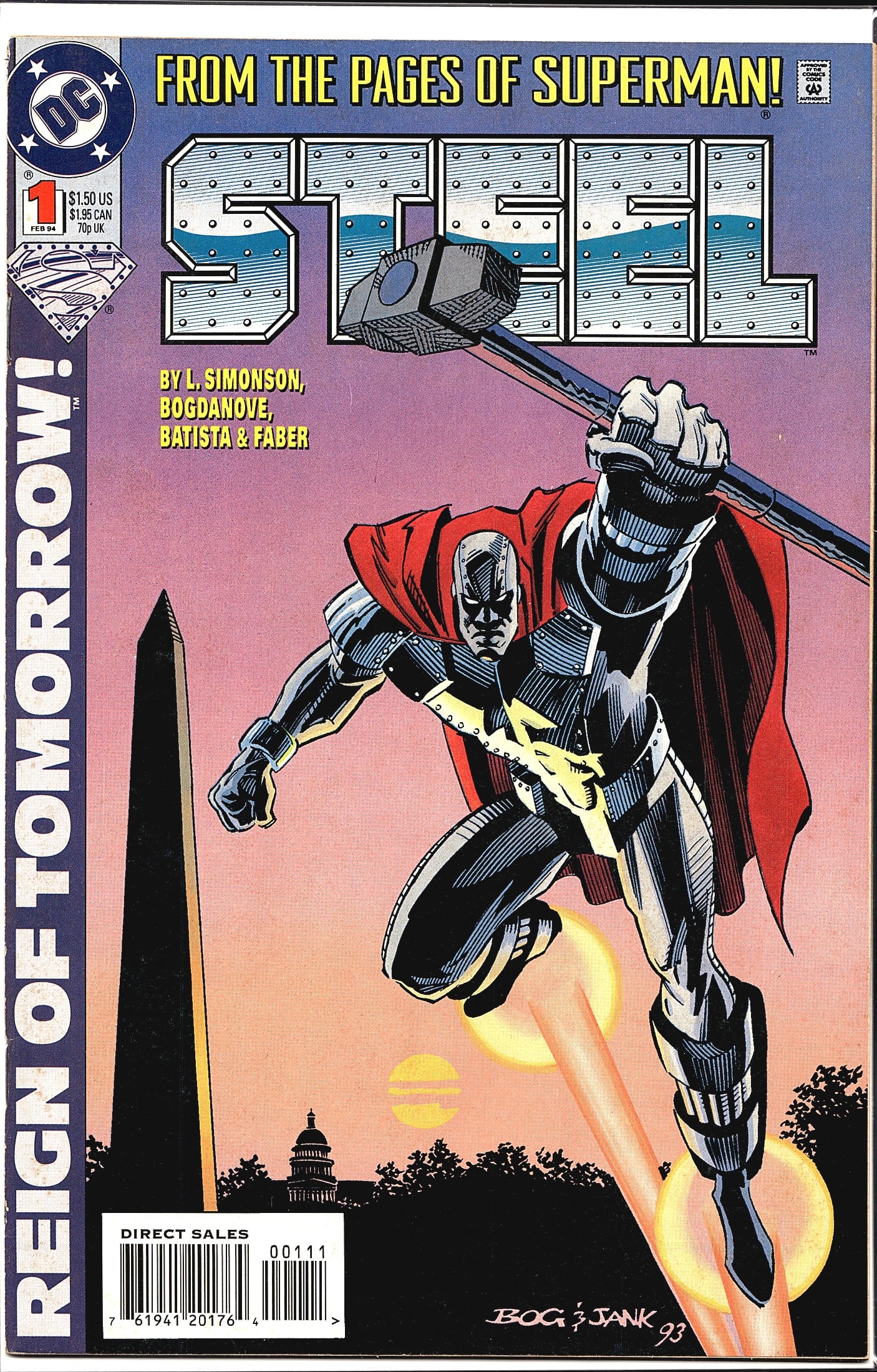 1994 DC Comics Steel #1 John Henry Irons Comic: Steel #1 published by DC Comics, cover dated February 1994, priced at $1.50 US / $1.95 CAN / 70p UK. This is a Direct Sales edition, as indicated by the barcode label. The issue is part of the 'Reign 