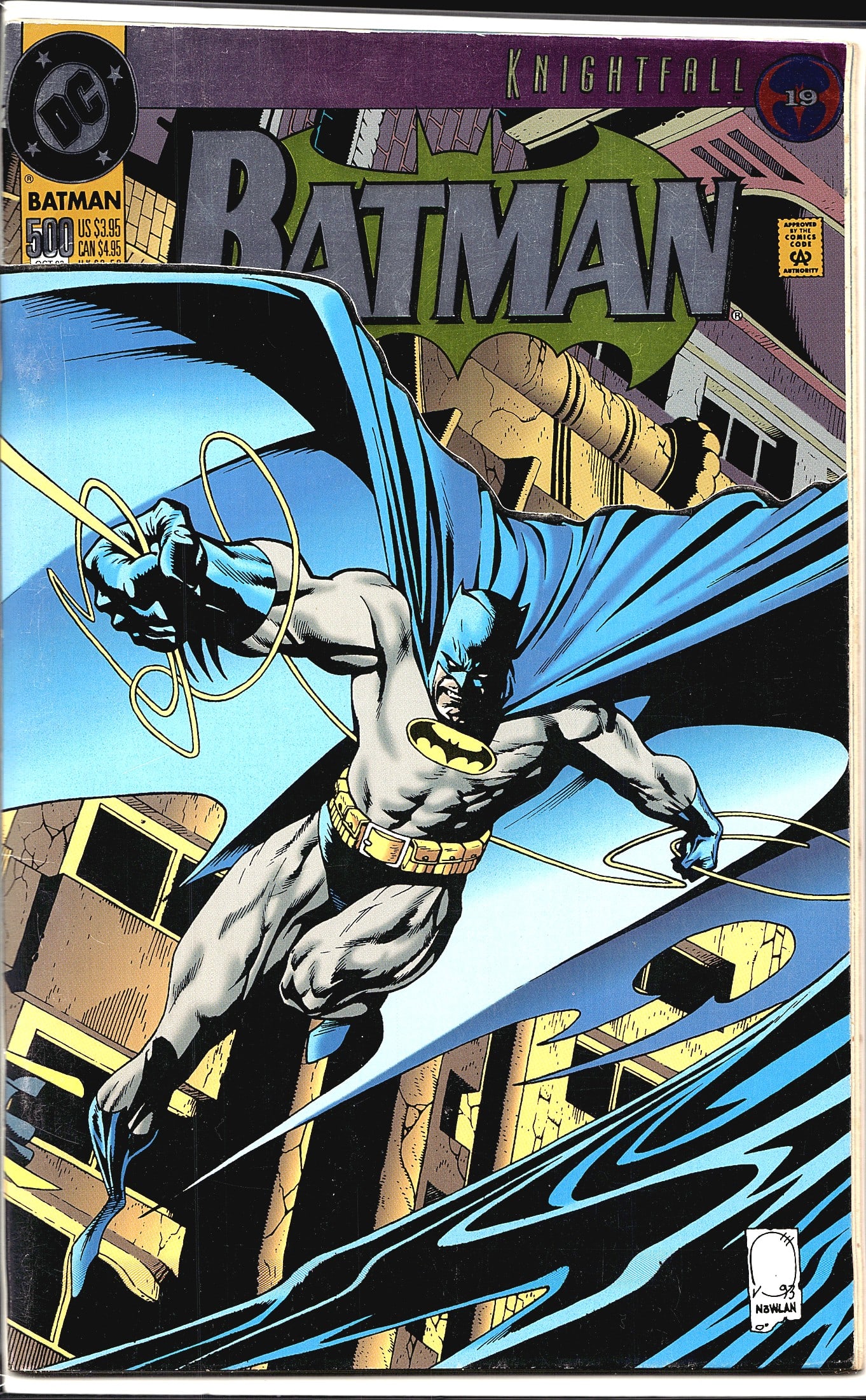 1993 DC Knightfall Batman #500 Die-Cut Cover: Batman #500 (1993) from DC Comics, part of the landmark Knightfall storyline - specifically labeled as Part 19 of the crossover arc. The cover features a dramatic dynamic pose of Batman swinging