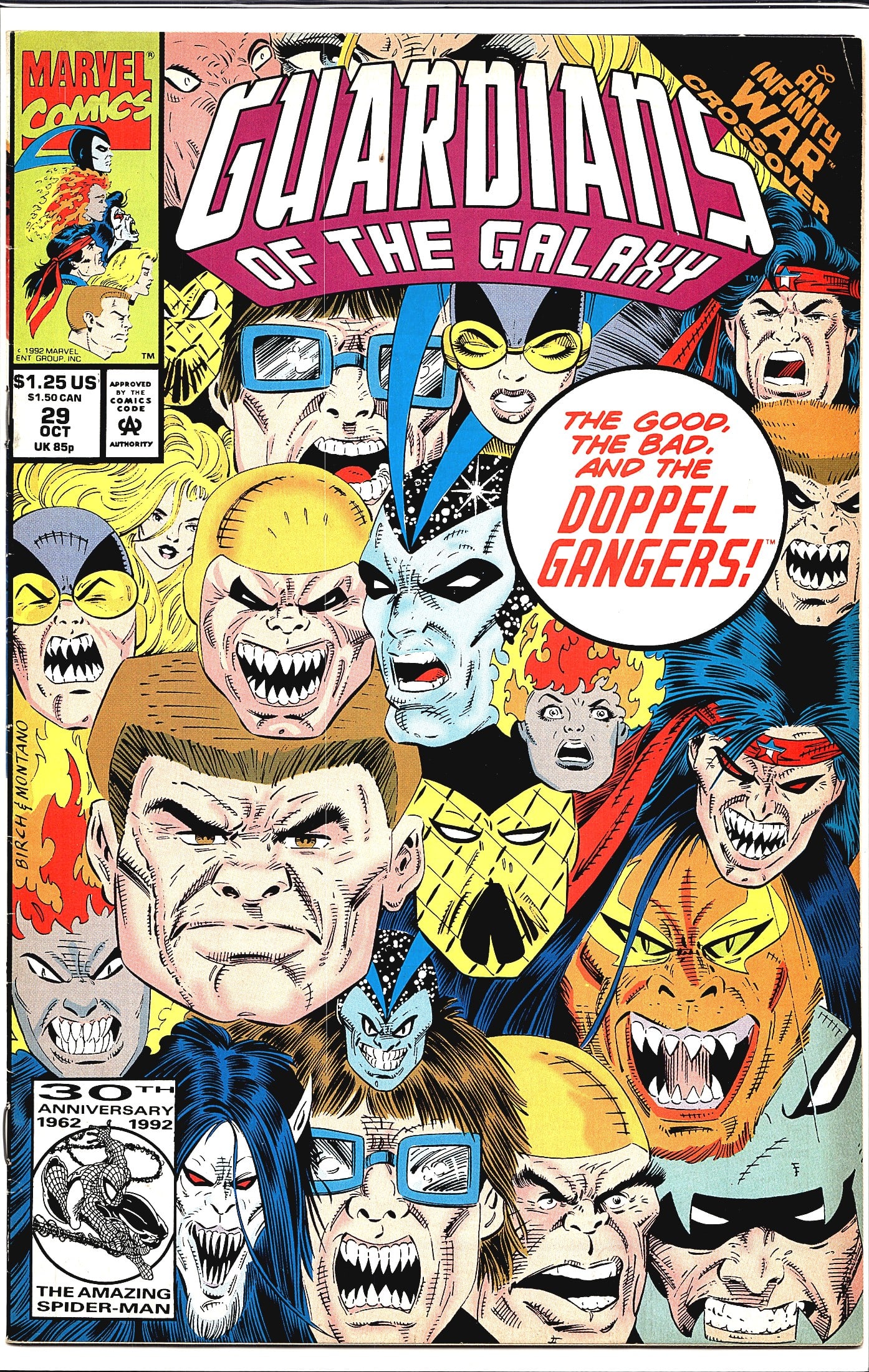 1992 Marvel Comics Guardians of the Galaxy #29: This is issue #29 of Marvel Comics' Guardians of the Galaxy, published in October 1992 and priced at $1.25 US / $1.50 CAN / 85p UK. This issue is part of the Infinity War crossover event, as noted on