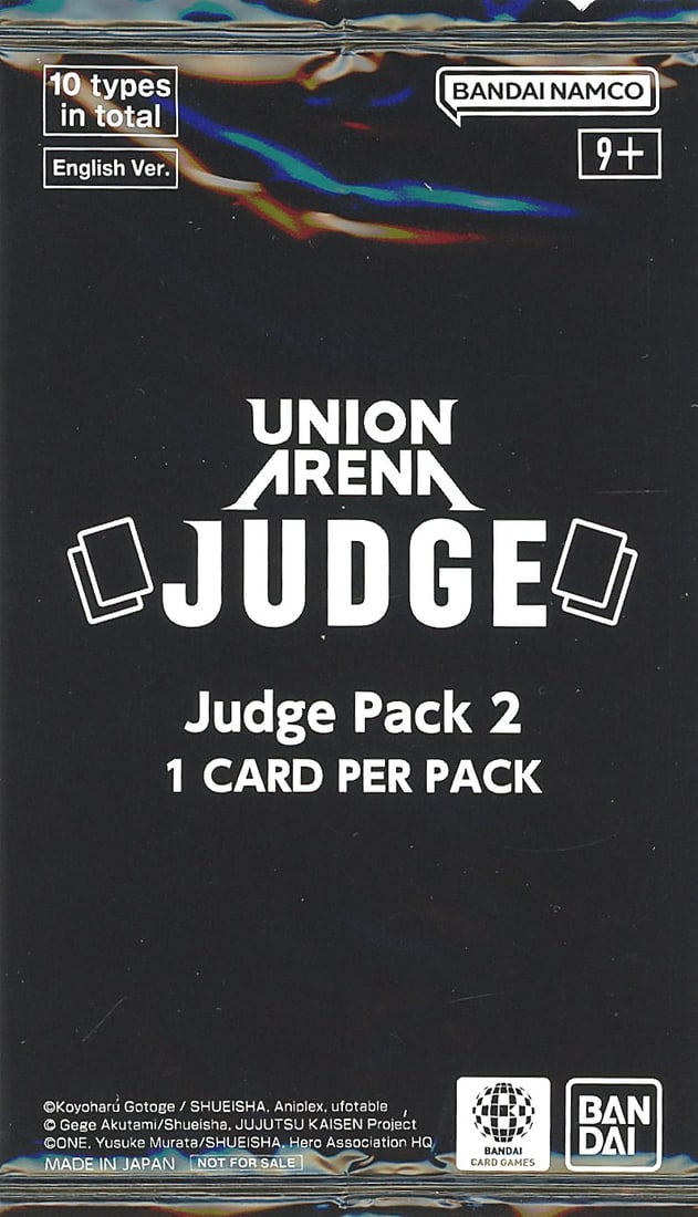 Union Arena Judge Pack 2 Tournament Promo Bandai: This listing is for one Union Arena Judge Pack 2 by Bandai Namco, English Version. The pack contains 1 card per pack and features 10 types in total across the set. The product is rated for ages 9 and