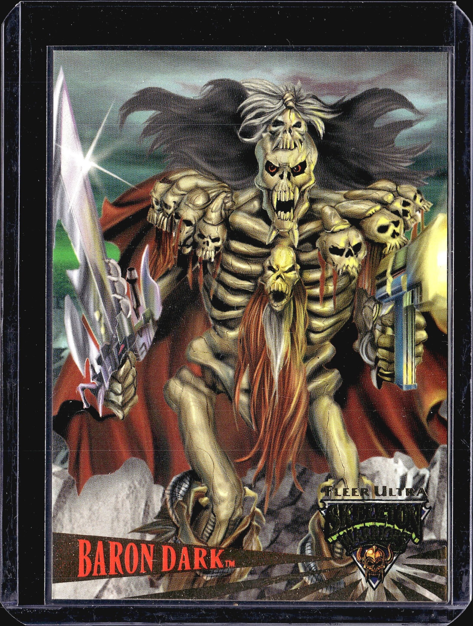 Vintage Fleer Ultra Trading Card TCG Single 1994: This is a raw, ungraded vintage trading card from the 1994 Fleer Ultra set. The card features dramatic fantasy artwork depicting a skeletal warrior character with ornate skull imagery and flowing cape
