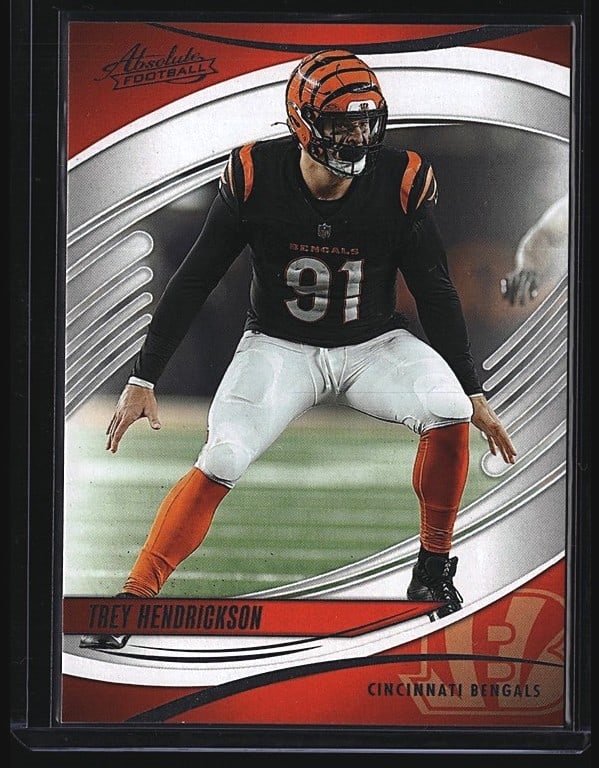 2025 Panini Absolute Football Trey Hendrickson: 2025 Panini Absolute Football raw single card #25 featuring Trey Hendrickson, Defensive End for the Cincinnati Bengals. Card displays the player in action wearing Bengals uniform with the distinctive